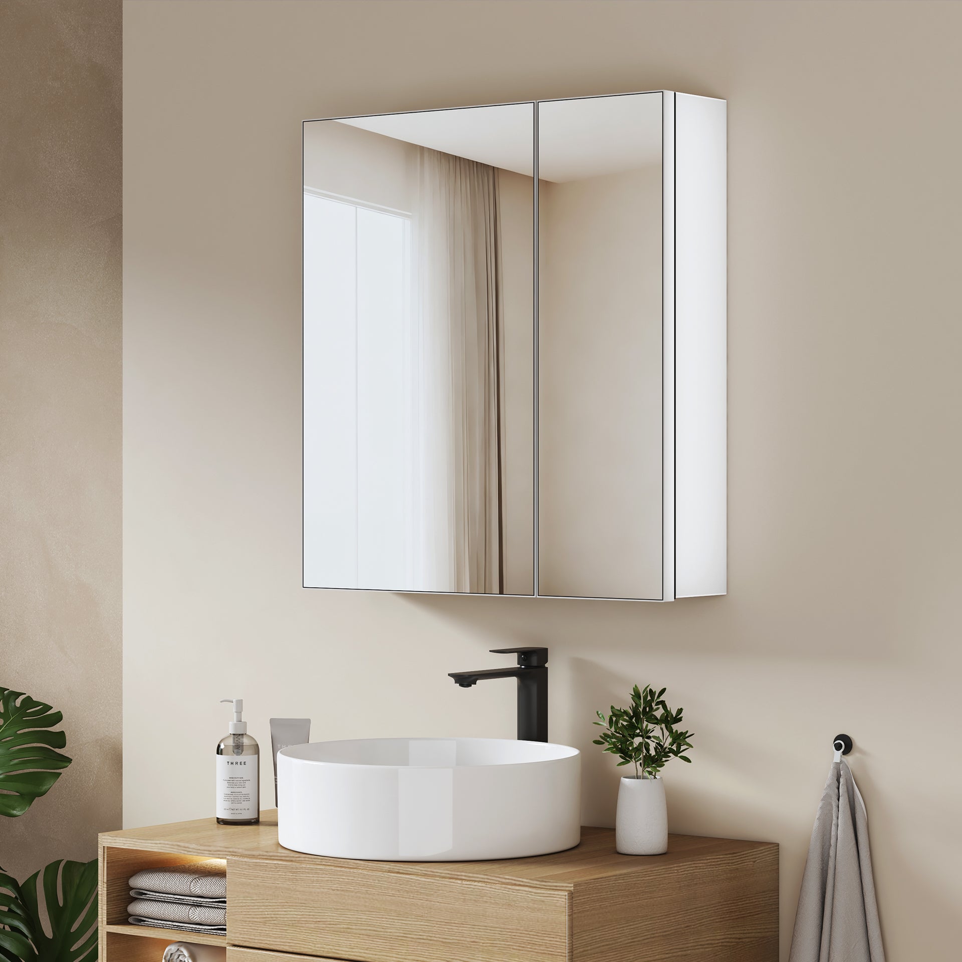 EMKE Szafka łazienkowa z lustrem 60x65x14,5 cm – 2 drzwi lustrzane z wbudowanym miejscem na przechowywanie, regulowane półki, matowa biel