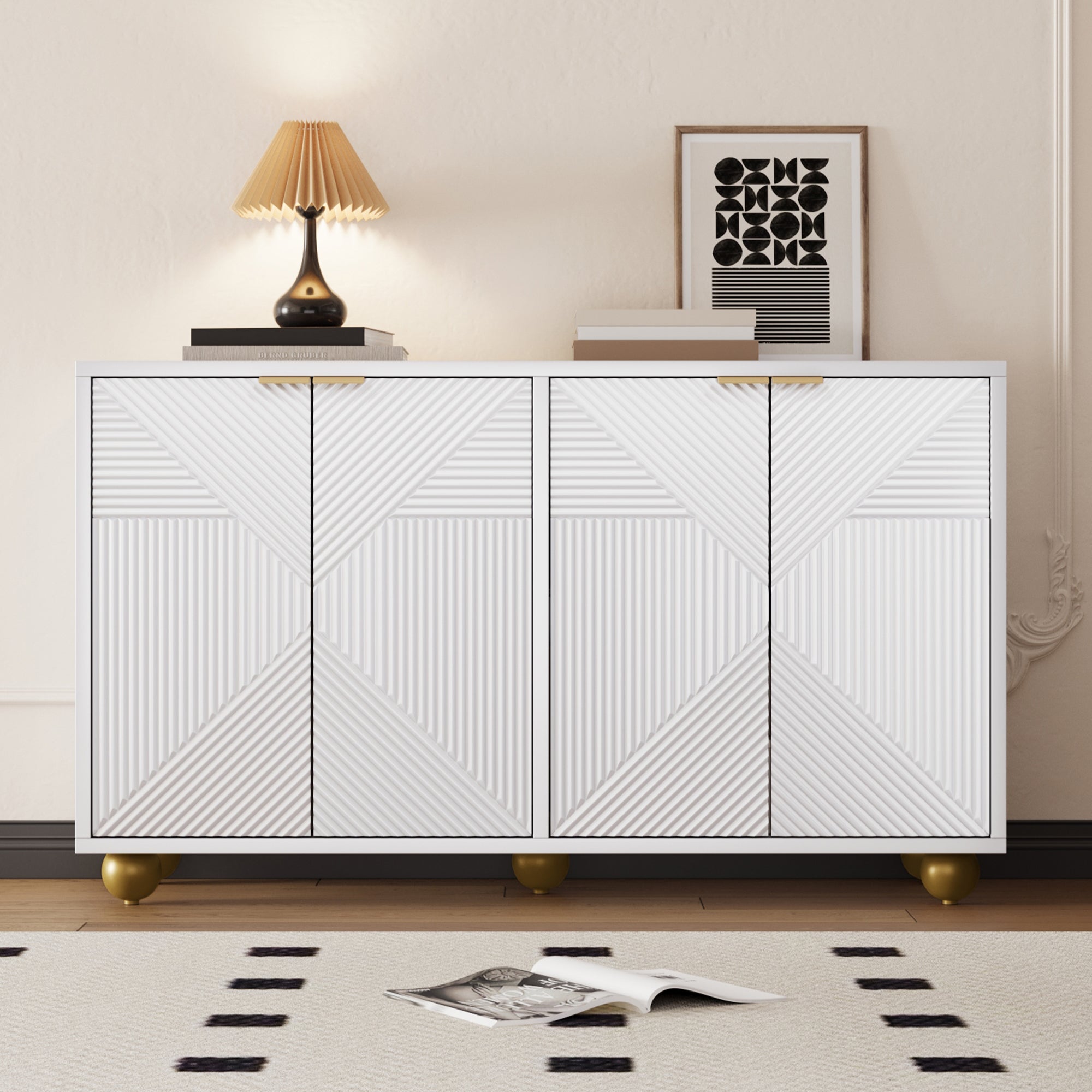 Komoda niska z 4 drzwiami - 120 x 35 x 71,5 cm - Regulowane półki wewnętrzne - Płyta MDF - Uchwyty metalowe i nóżki kulowe - Kolor biały