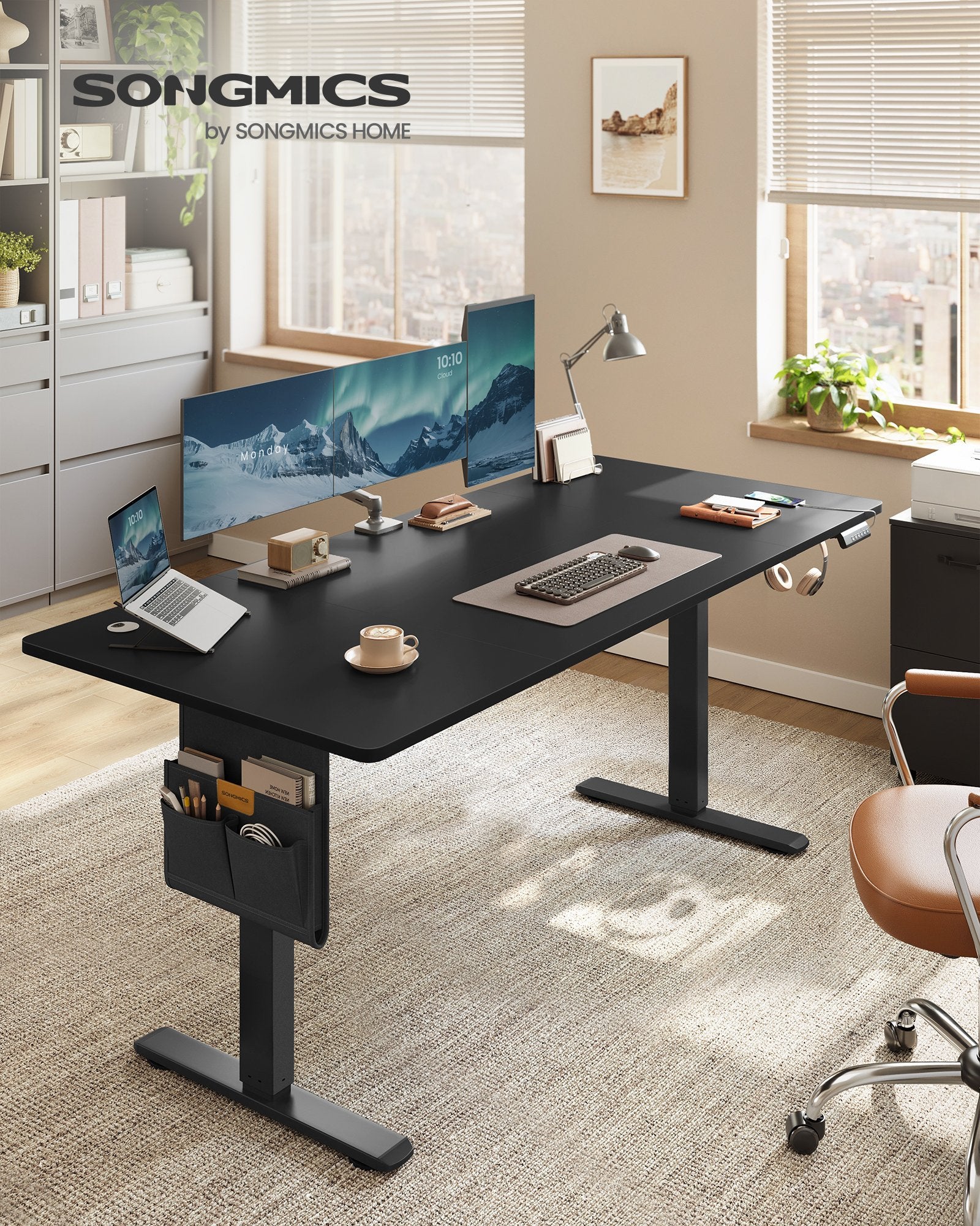 Bureau Électrique Réglable en Hauteur, 180 x 80 cm, Fonction Mémoire 4 Hauteurs, Port USB-C, Organiseur, pour Télétravail, Noir d'Encre - 2
