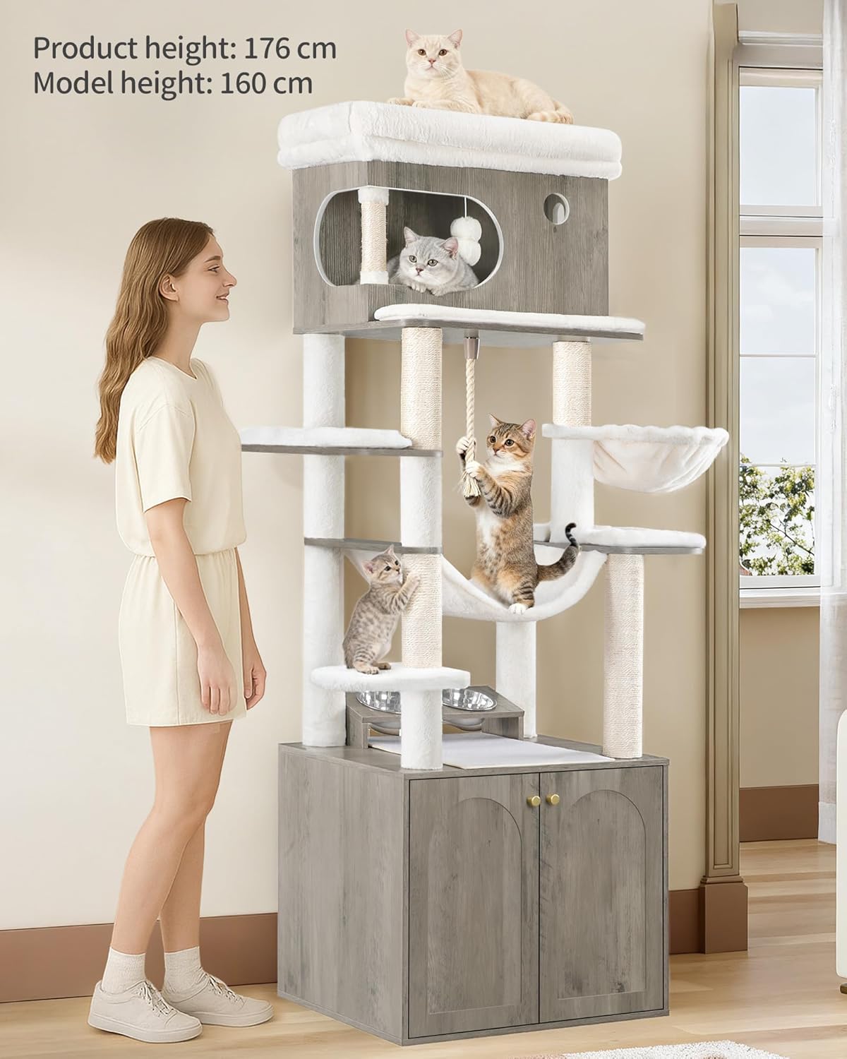 Arbore pentru pisici de 176 cm, căsuță pentru pisici cu litiera integrată – 60 (L) x 50 (l) x 176 (Î) cm