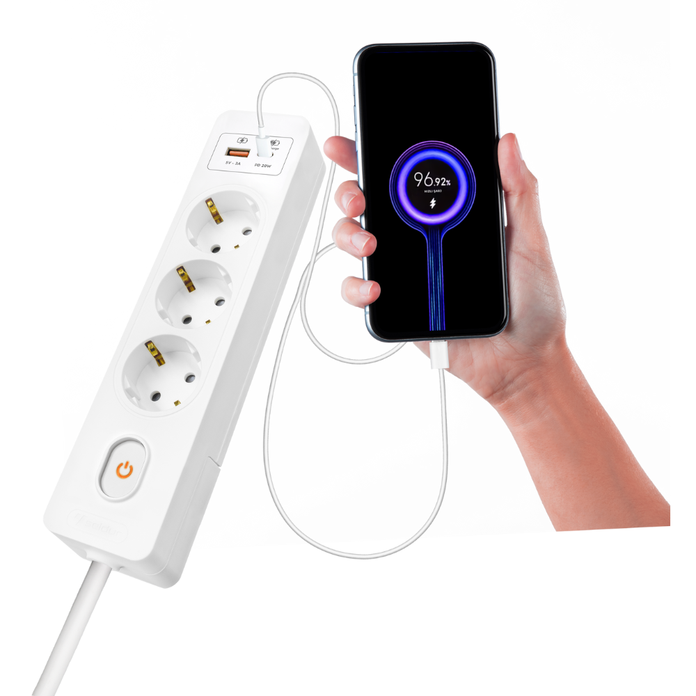 Multiprise SELDUR G3TH32B, 3 prises type F + interrupteur, USB A+C charge rapide 20W, Blanc, câble 3m - 5