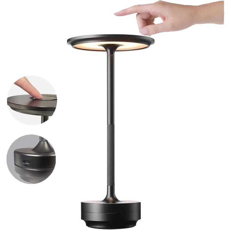 Bezprzewodowa, akumulatorowa metalowa lampa stołowa, czarna, 5200 mAh, sterowanie dotykowe, dekoracyjne oświetlenie LED do restauracji i barów