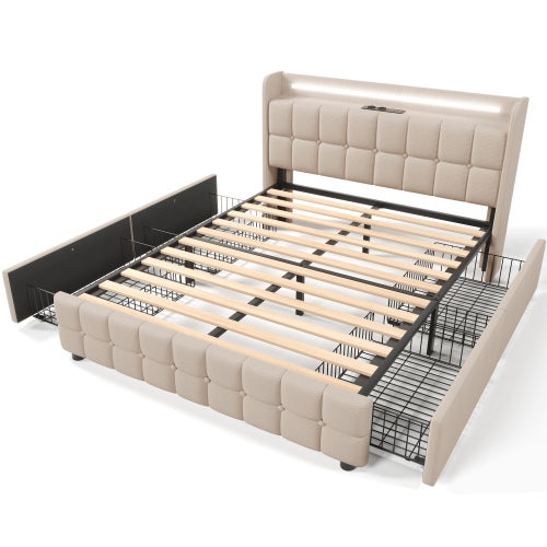 PUGSDRLY Lit Double 140x200cm avec Rangement et éclairage LED, Rembourré avec Sommier à Lattes, Tête Rallongée, sans Matela (Gris
