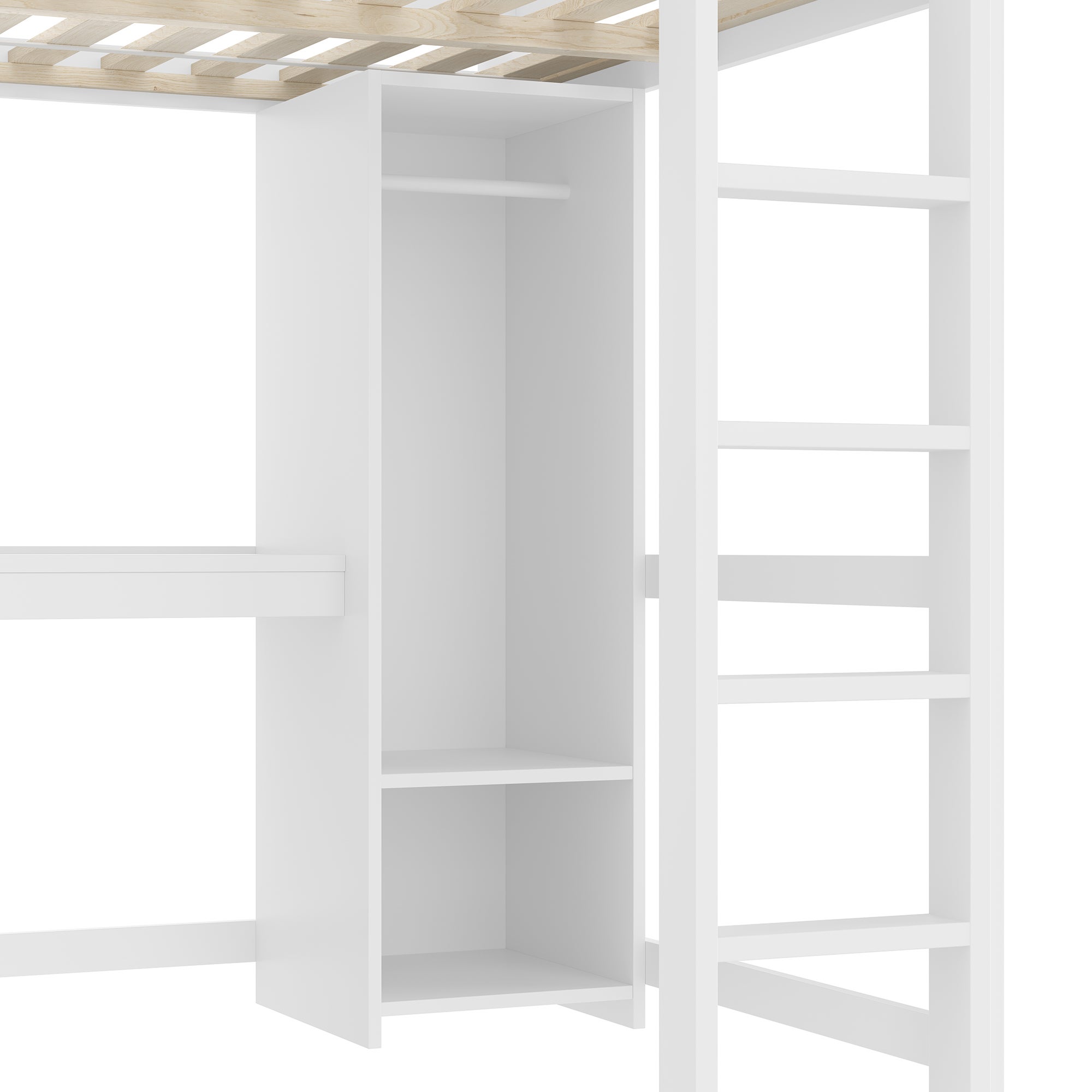 Lit Mezzanine 140x200 cm Combiné avec Bureau, Armoire et Étagères de Rangement, Structure Robuste pour Ados et Adultes, Design Gain de Place - Blanc - 7