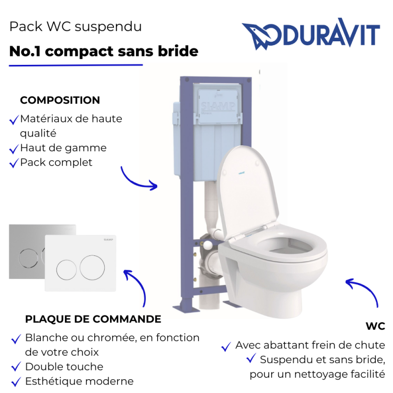 Pack WC suspendu compact sans bride DURAVIT Duravit No.1 abattant frein de chute + bati support SIAMP + Plaque blanche + tabouret - 5