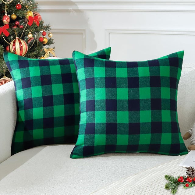Set di 2 federe decorative per cuscini natalizi con motivo tartan scozzese classico e rustico per la decorazione del divano, 45 x 45 cm (verde e nero)