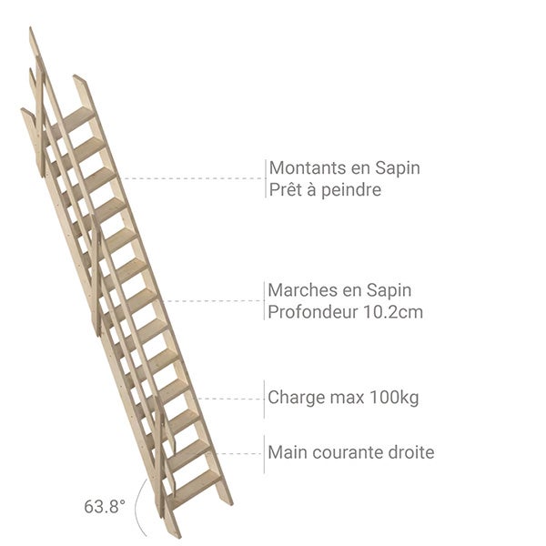 Escalier bois 13 marches - Hauteur à franchir 2.75m - Rampe à droite - Largeur 0,53m - COTTAGE-P-275-MCD - 3