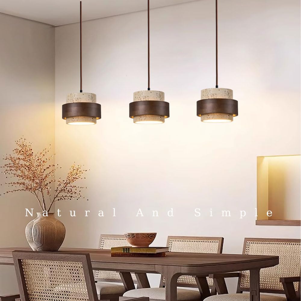 Lustre de style wabi-sabi en pierre naturelle nordique, lustre jaune style grotte, design bois et pierre, style ferme vintage, lampe en travertin. - 2