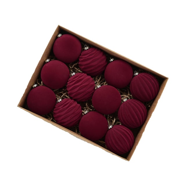 12 peças de decorações de bola de Natal retro requintadas, bolas de Natal de veludo, 8 cm, cor de vinho