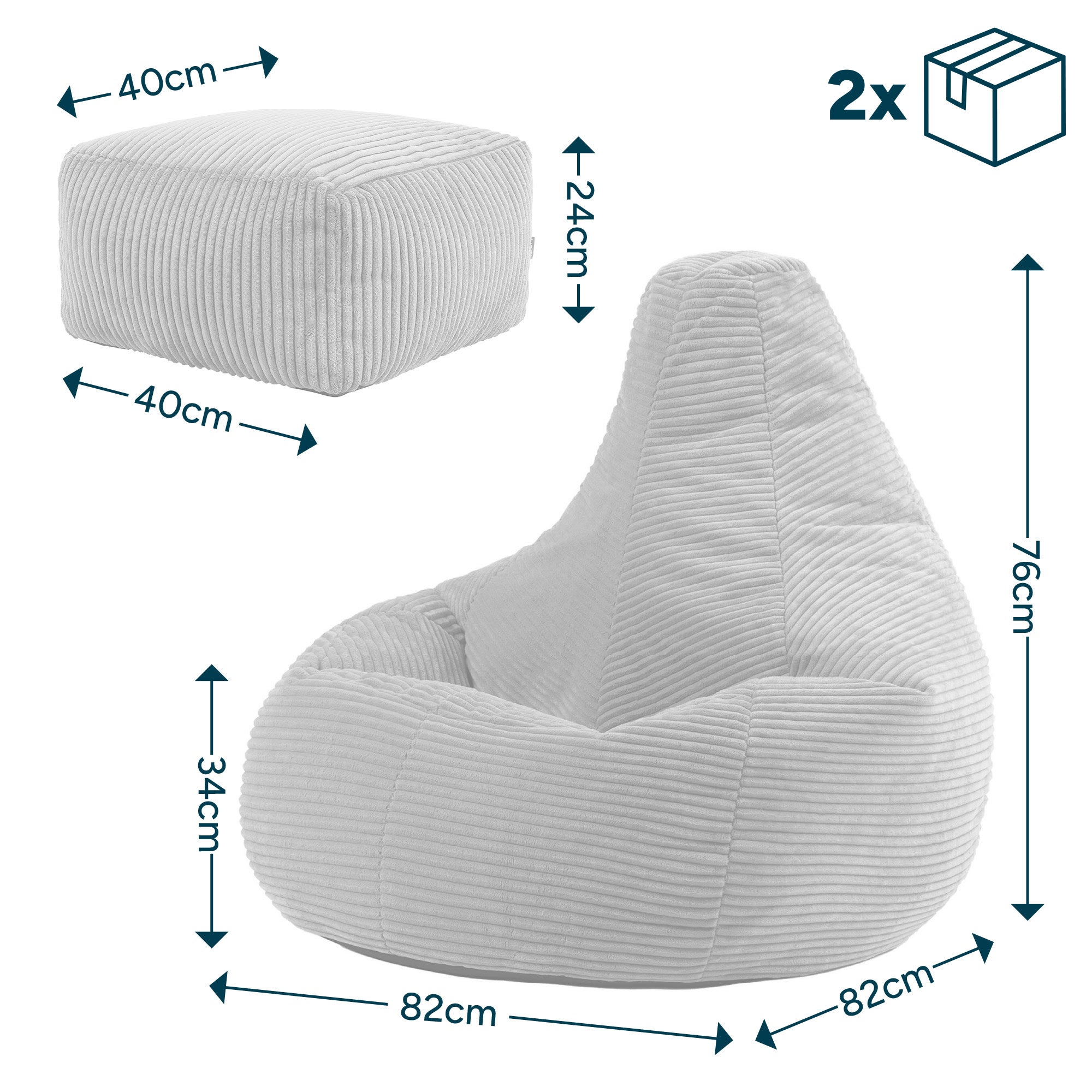 Pouf Icon à dossier haut avec repose-pied carré velours côtelé beige galet, 82x82cm, Made in Allemagne, Oeko-Tex® - 7