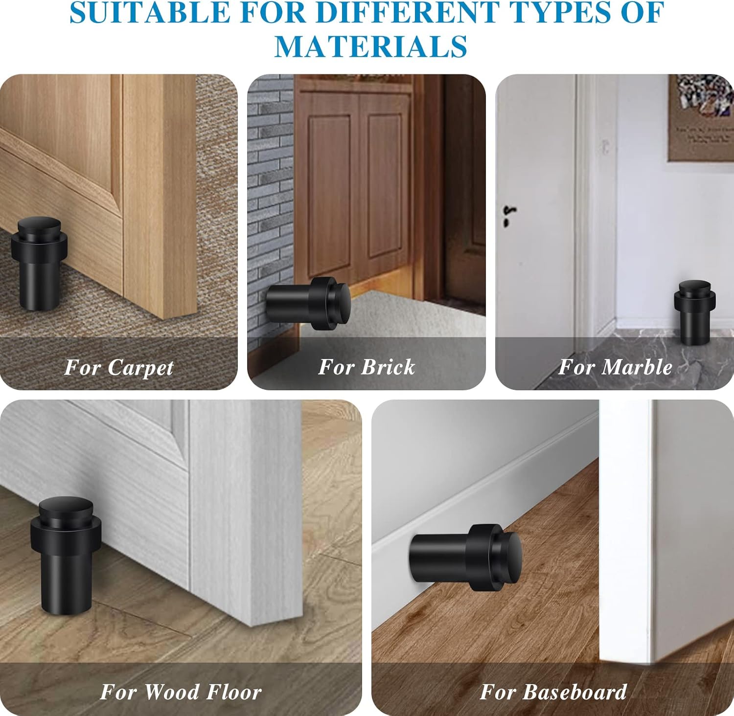 Lot de 2 butées de porte noires très résistantes en acier inoxydable - Protection murale décorative en caoutchouc solide pour plinthes - 65 mm - 5