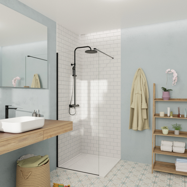Walk-in 80x200cm Paroi en verre Crystal Glass® 8 mm anticalcaire, avec bras et profilés noir mat (SATBWI80PRC)