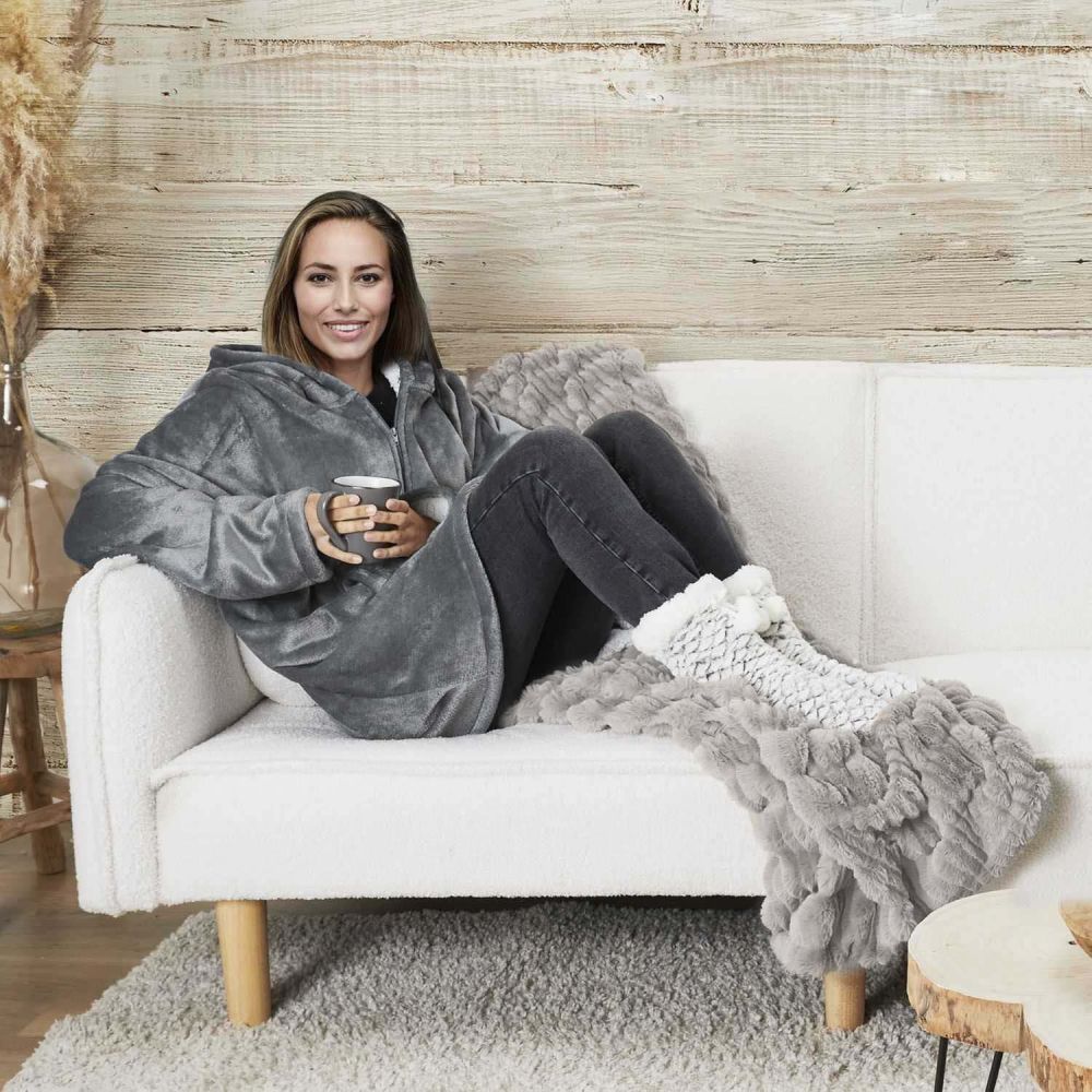 Plaid - HOME DECO FACTORY - Ultraconfortable - Sherpa - Gris et blanc - 6