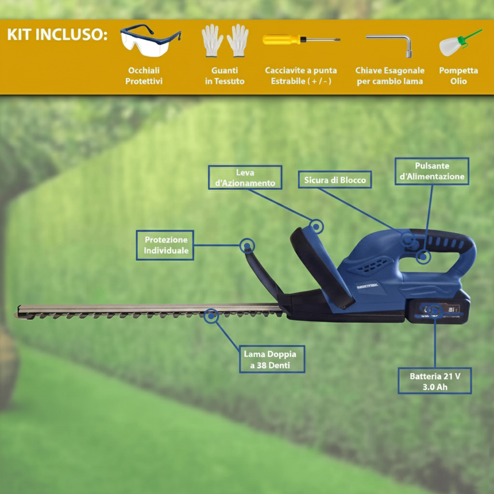Tagliasiepi Elettrico a Batteria 21V 3.0Ah con 2 Batterie Kit Completo Potente 1300W Lama 52cm 2500RPM Taglio 14mm Leggero e Sicuro - 3