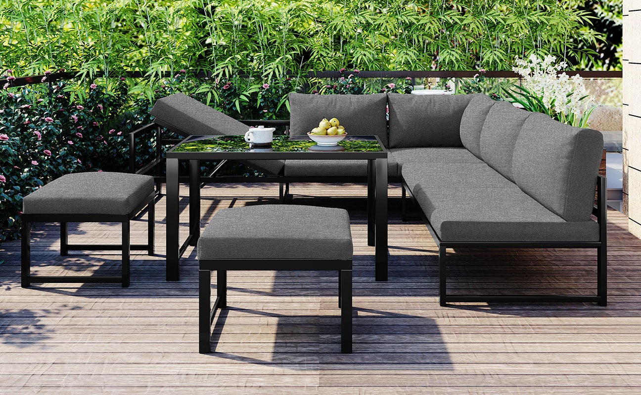Muebles de jardín modulares de metal: 1 sofá elevable de 3 plazas + 1 sofá de 2 plazas + 2 taburetes + 1 mesa de centro de cristal - Gris + negro - 6