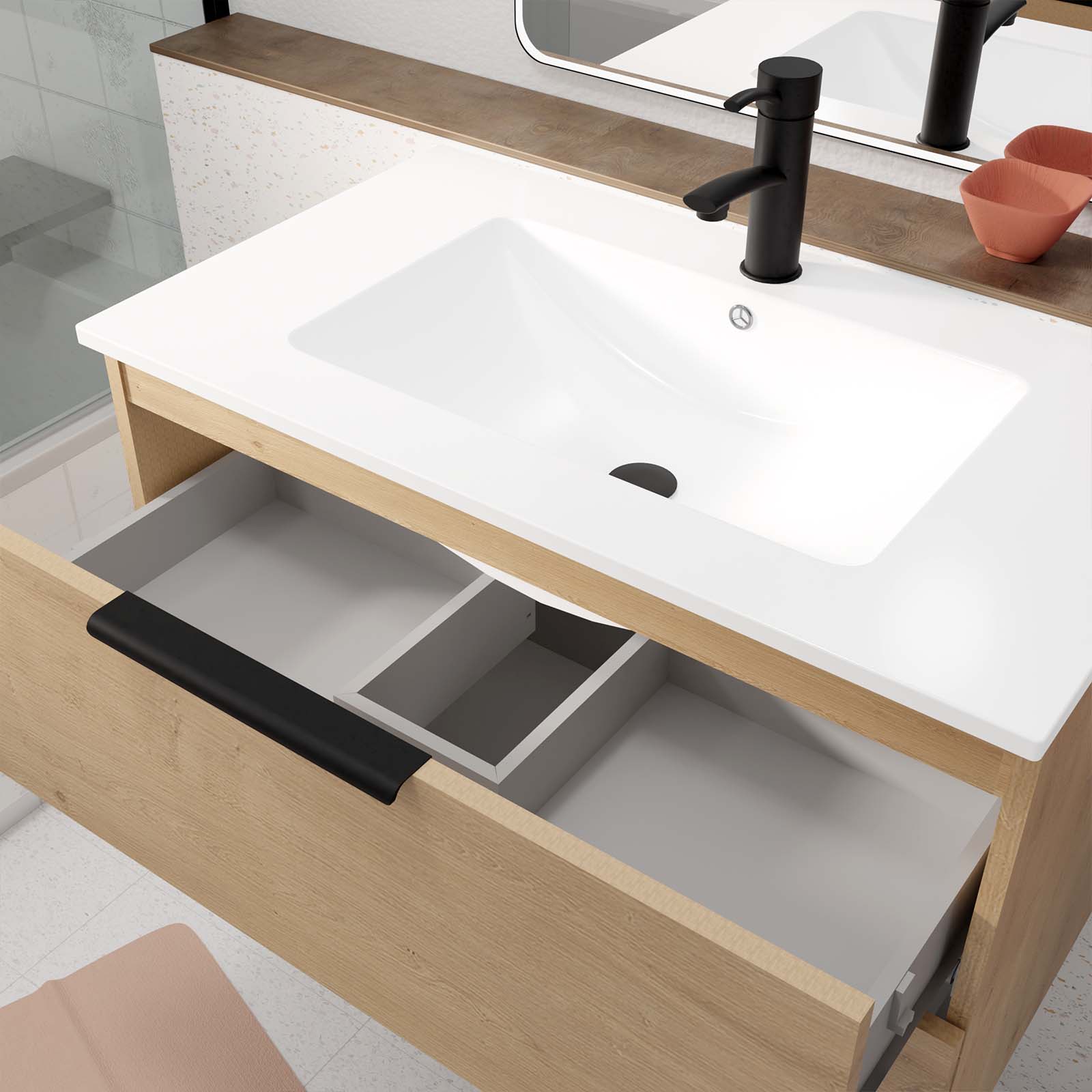 Meuble de Salle de Bains 60cm Suspendu Decor Bois Clair 2 Tiroirs - Vasque Blanche - ELEMENTARY - 2