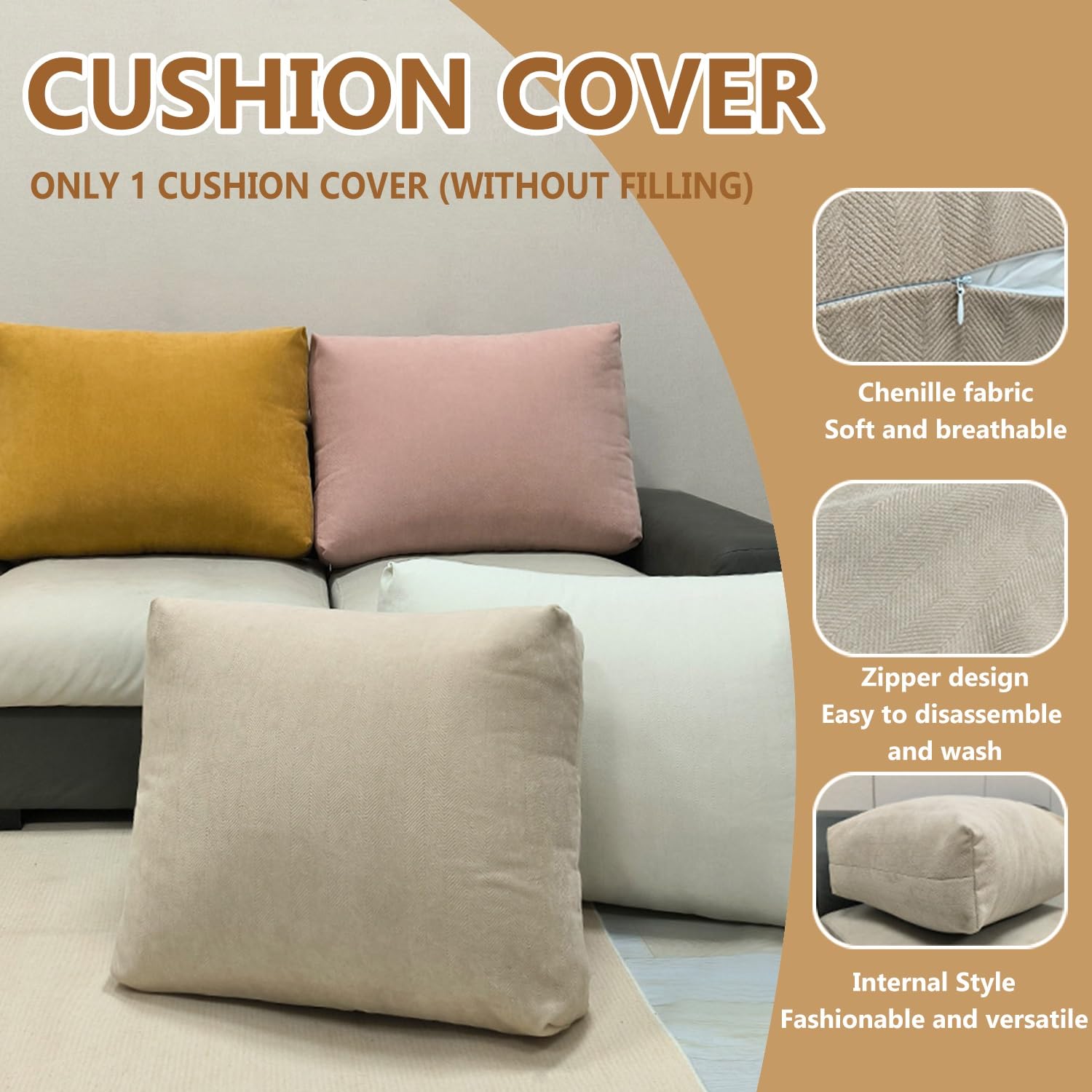 Housse de coussin pour canapé,Lavable avec fermeture éclair (Beige, 80 x 50 x 18 cm) - 5