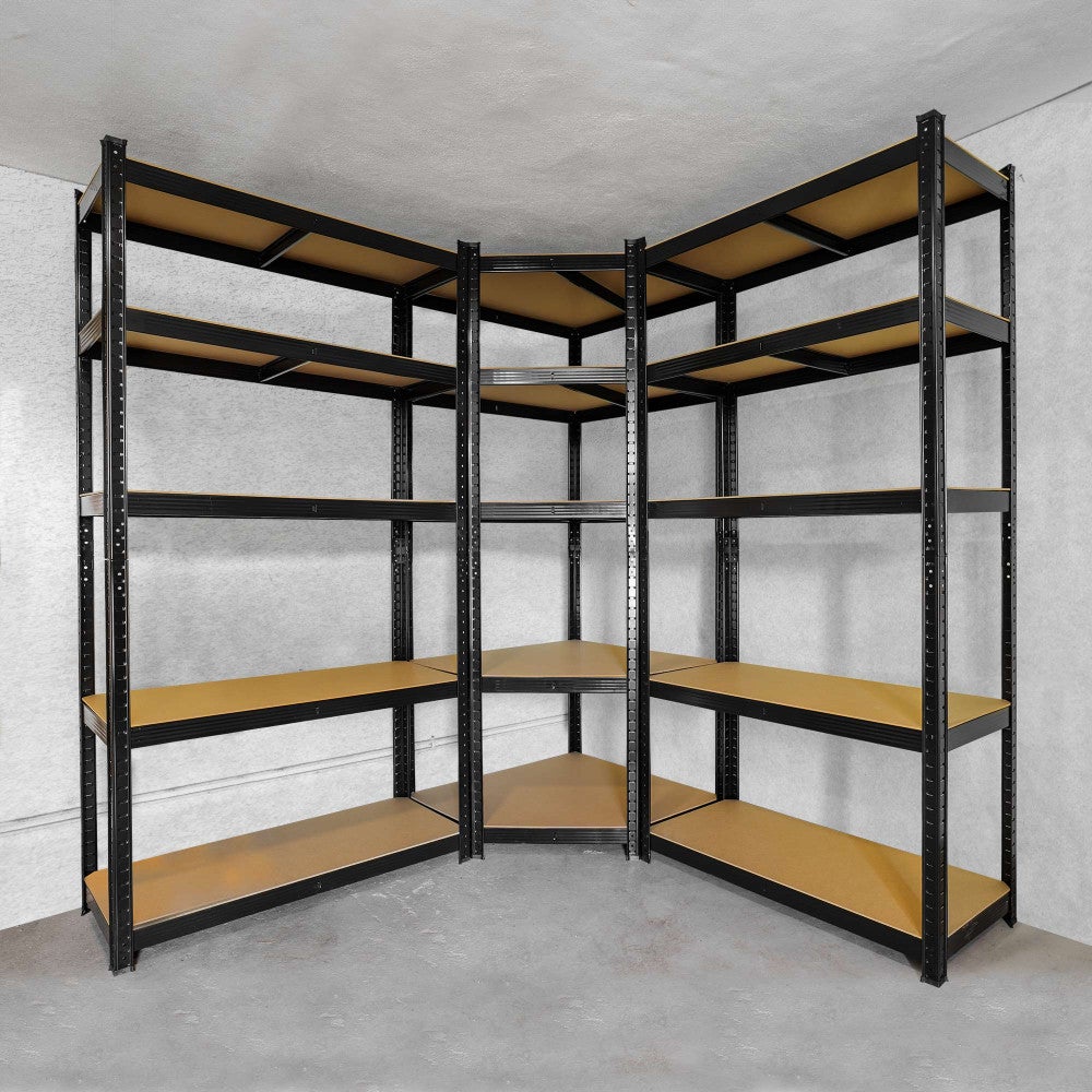 Étagère d'angle noire charges lourdes - en métal 5 plateaux - 875 Kg - 180x75x40cm - Étagère de coin - Garage atelier cave - 5