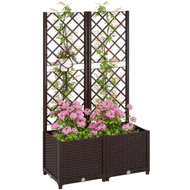 Jardinière avec treillis lit surélevé de jardin jardinière extérieure avec 6 trous de drainage 80 x 40 x 135 cm marron