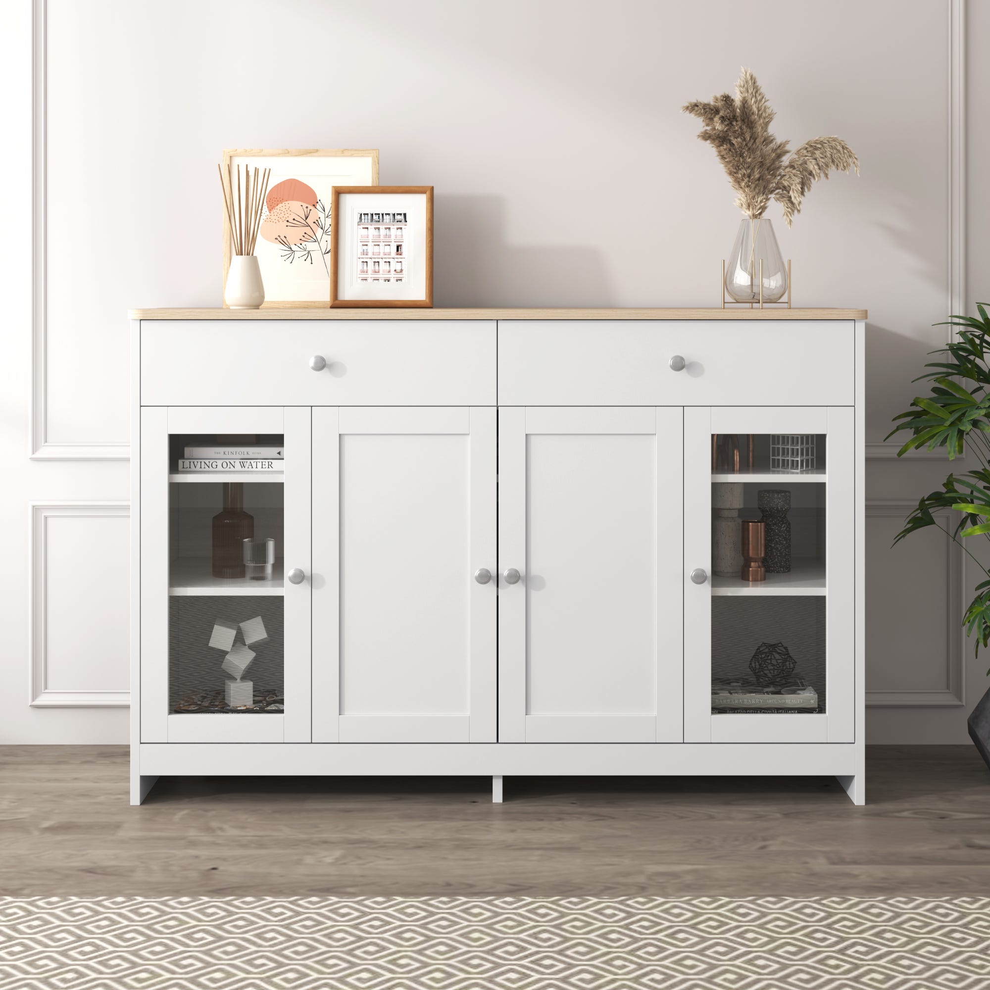 COSTWAY Buffet avec rangement, buffet moderne avec 2 portes en verre et COSTWAY Buffet avec rangement, buffet moderne avec 2 portes en verre et