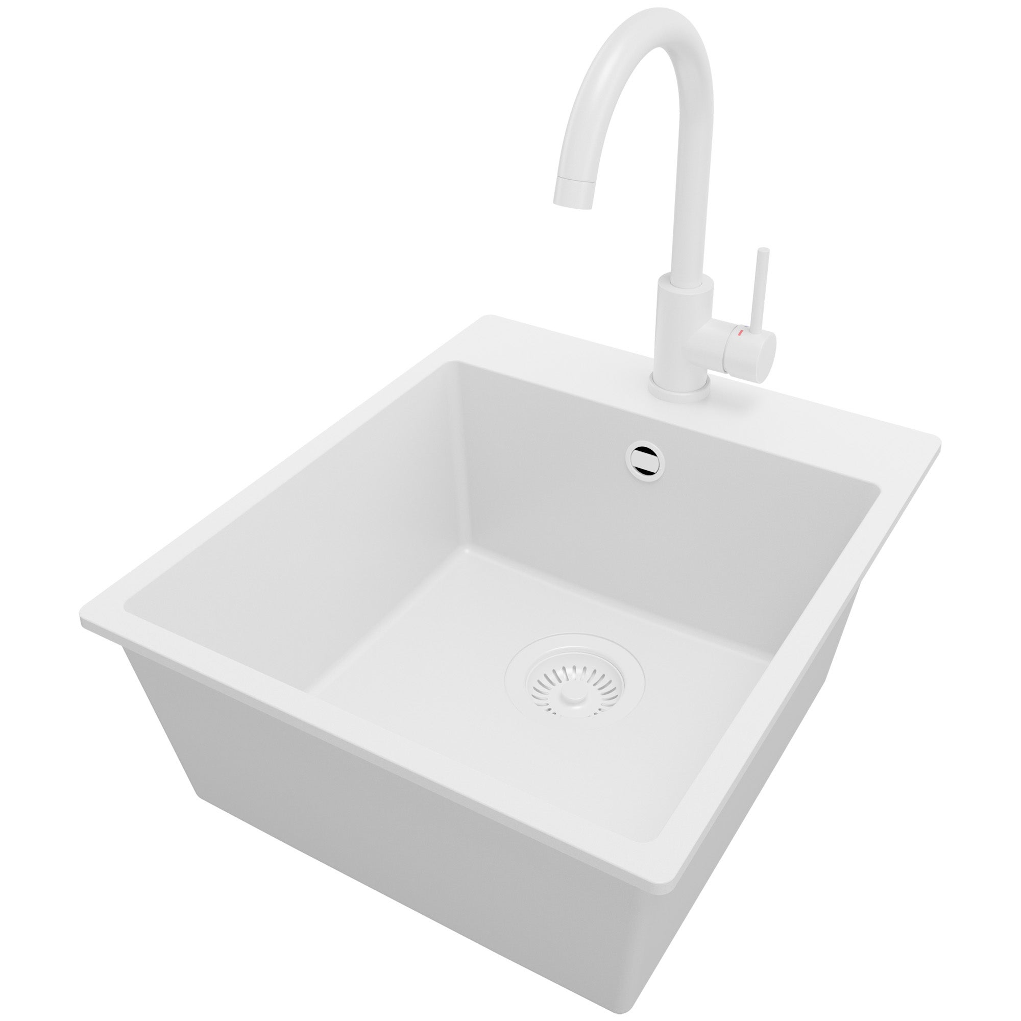Zlewozmywak Granitowy Cały Biały 43x50cm, Zlew Kuchenny 1 Komorowy + Bateria 32x20cm + Syfon, Nablatowy do szafki od 45cm - Ryga PRIMAGRAN