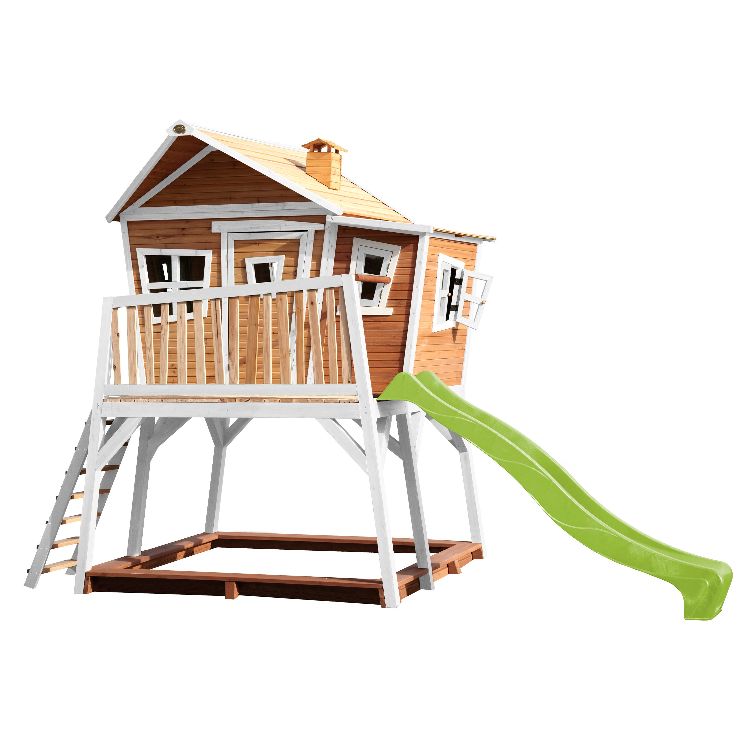AXI Julia Casa De Juegos De Madera FSC – Casita De Jardín Con Ventanas Abatibles, Marrón Y Blanco, Para Niños De 151x137x175 Cm