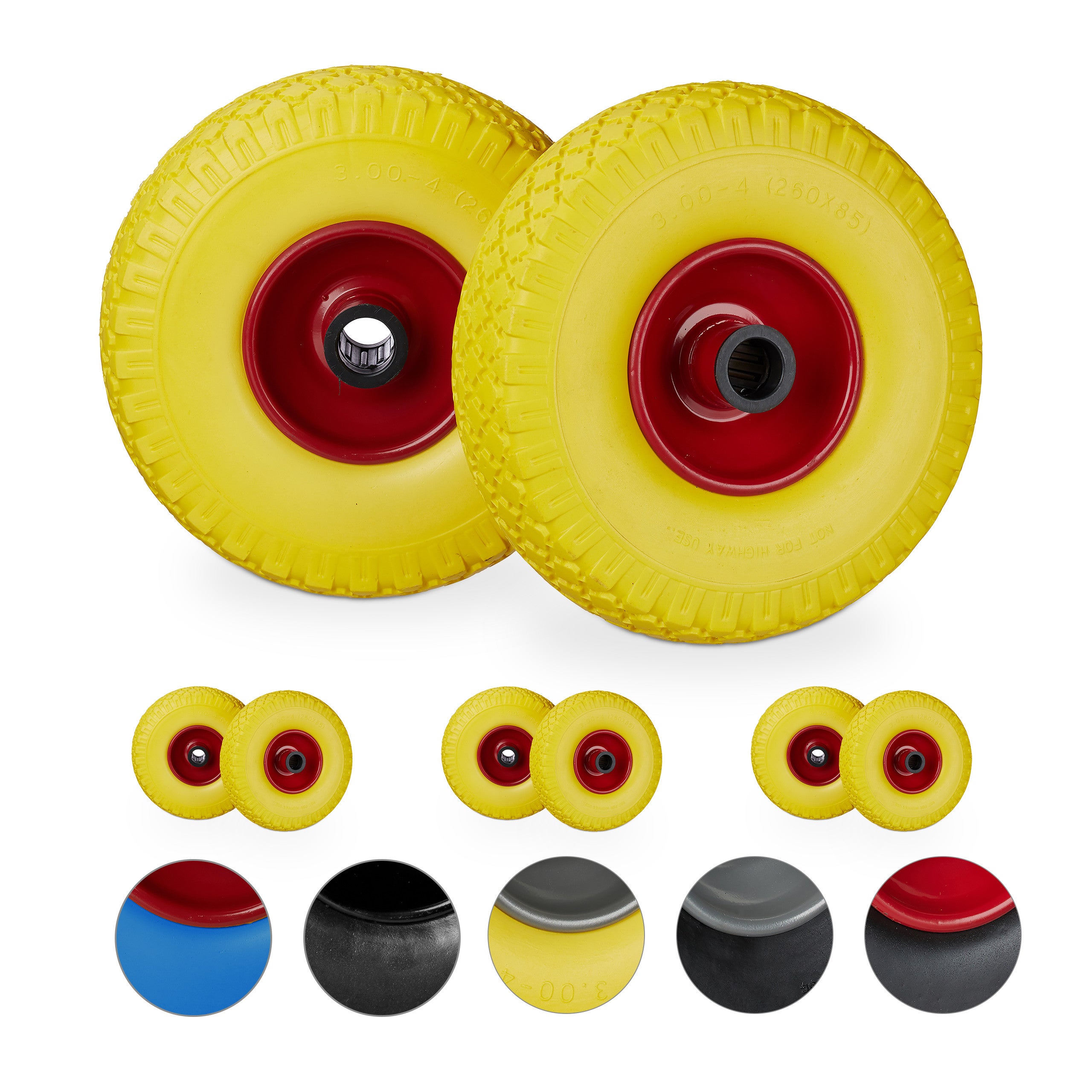 Lot De 2 Roues Brouette Increvables 3.00-4 - Caoutchouc, Pour Axe 25mm | Jaune-Gris