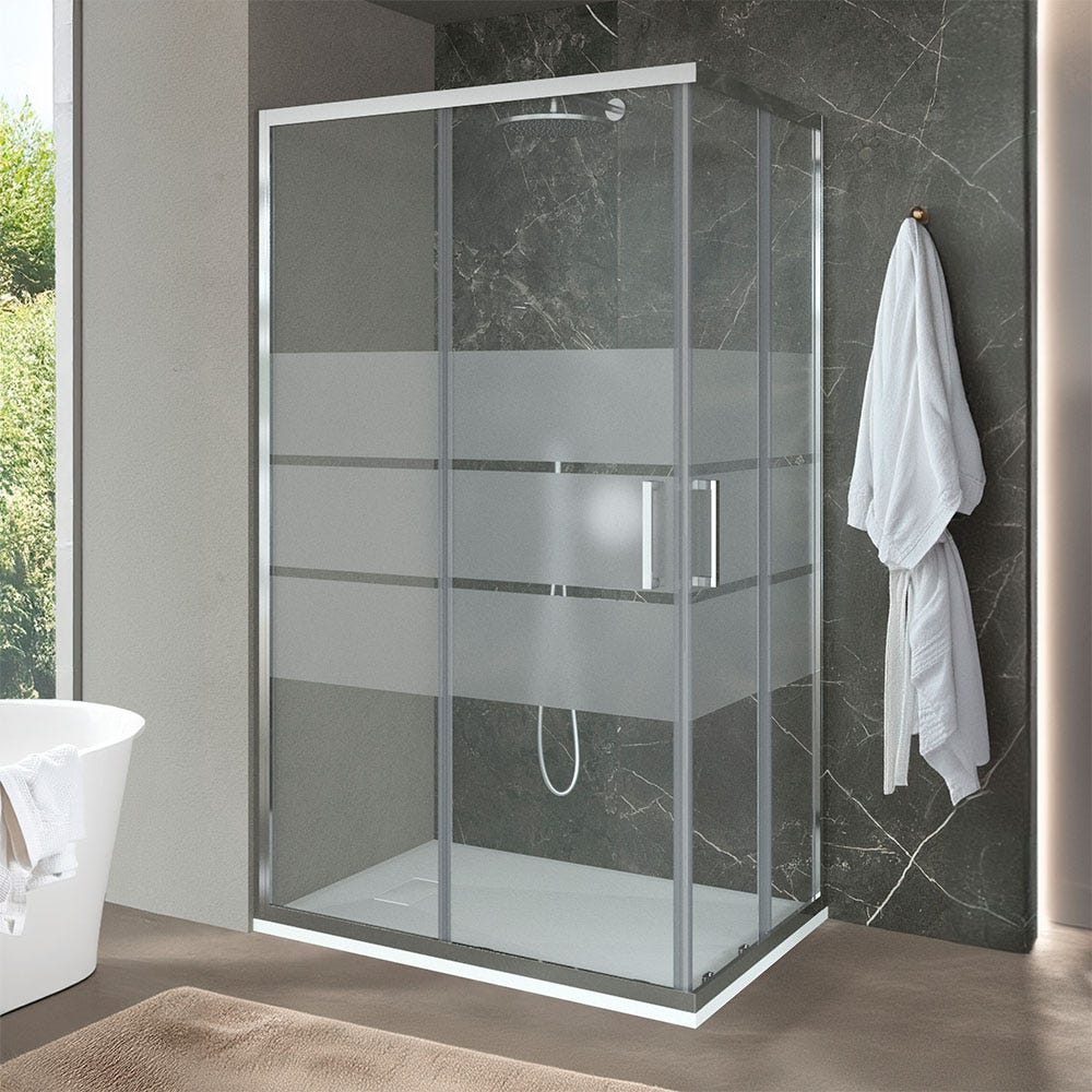 Cabine de douche 2 faces 80x100 cm fixe + porte coulissante ouverture Cabine de douche 2 faces 80x100 cm fixe + porte coulissante ouverture