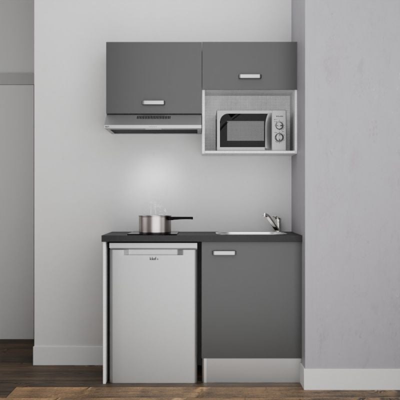 Kitchenette K02L-PT - 120 cm avec plan de travail et évier - Façade Gris - Plan Noir texturé - Evier Inox - Crédences Non - 2