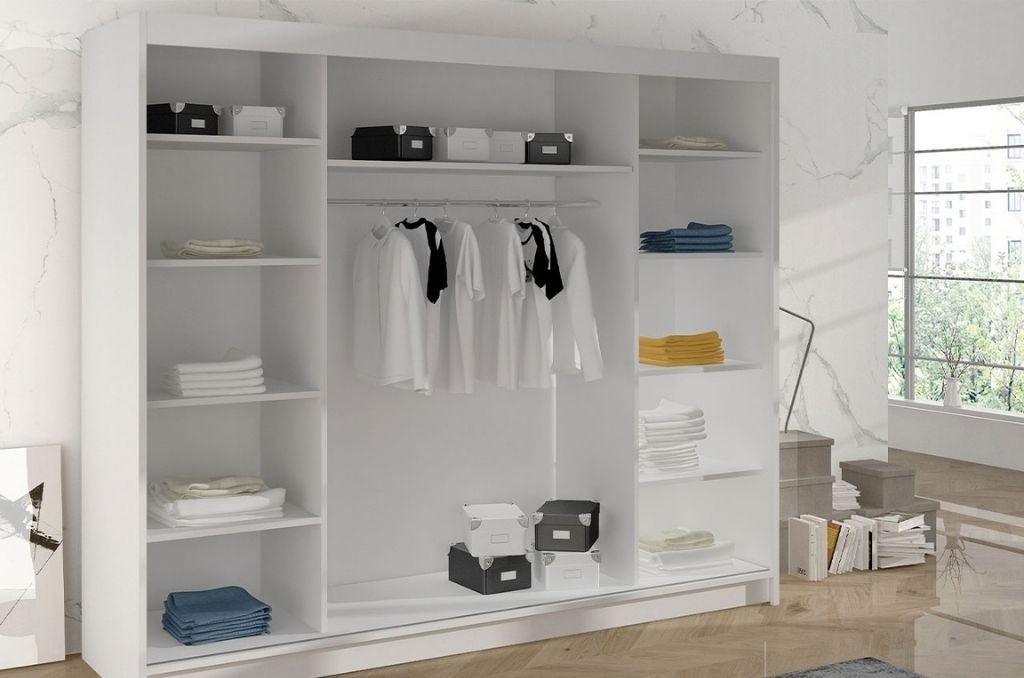 Armadio Closico 161, Bianco, 215x200x58cm, Porte armadi: Scorrevoli, Numero di ripiani: 9.00 - 3