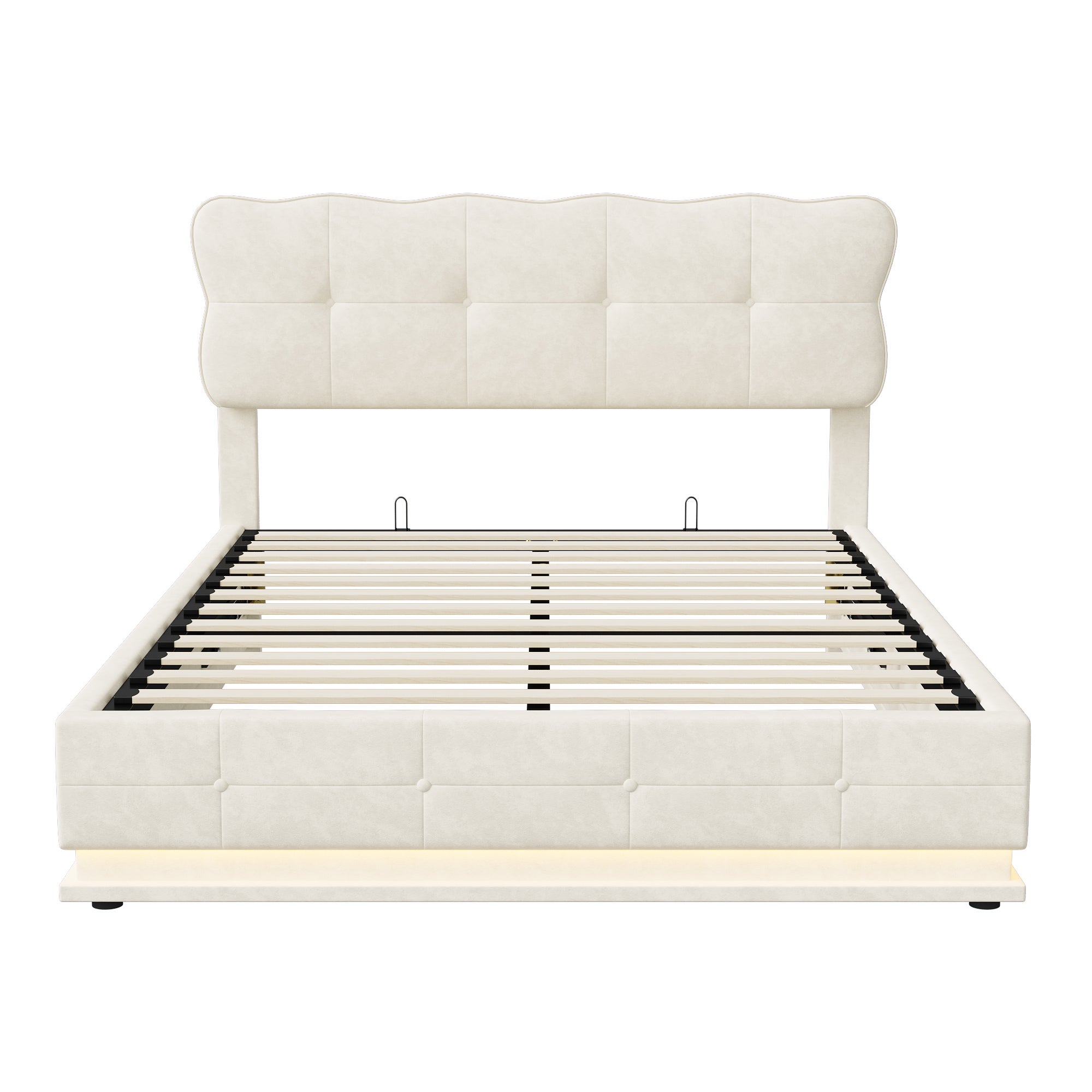Lit coffre adulte 140x190 avec sommier, velours, LED Éclairage, structure métal, grand espace rangement, lit double, style scandinave - Beige - 7