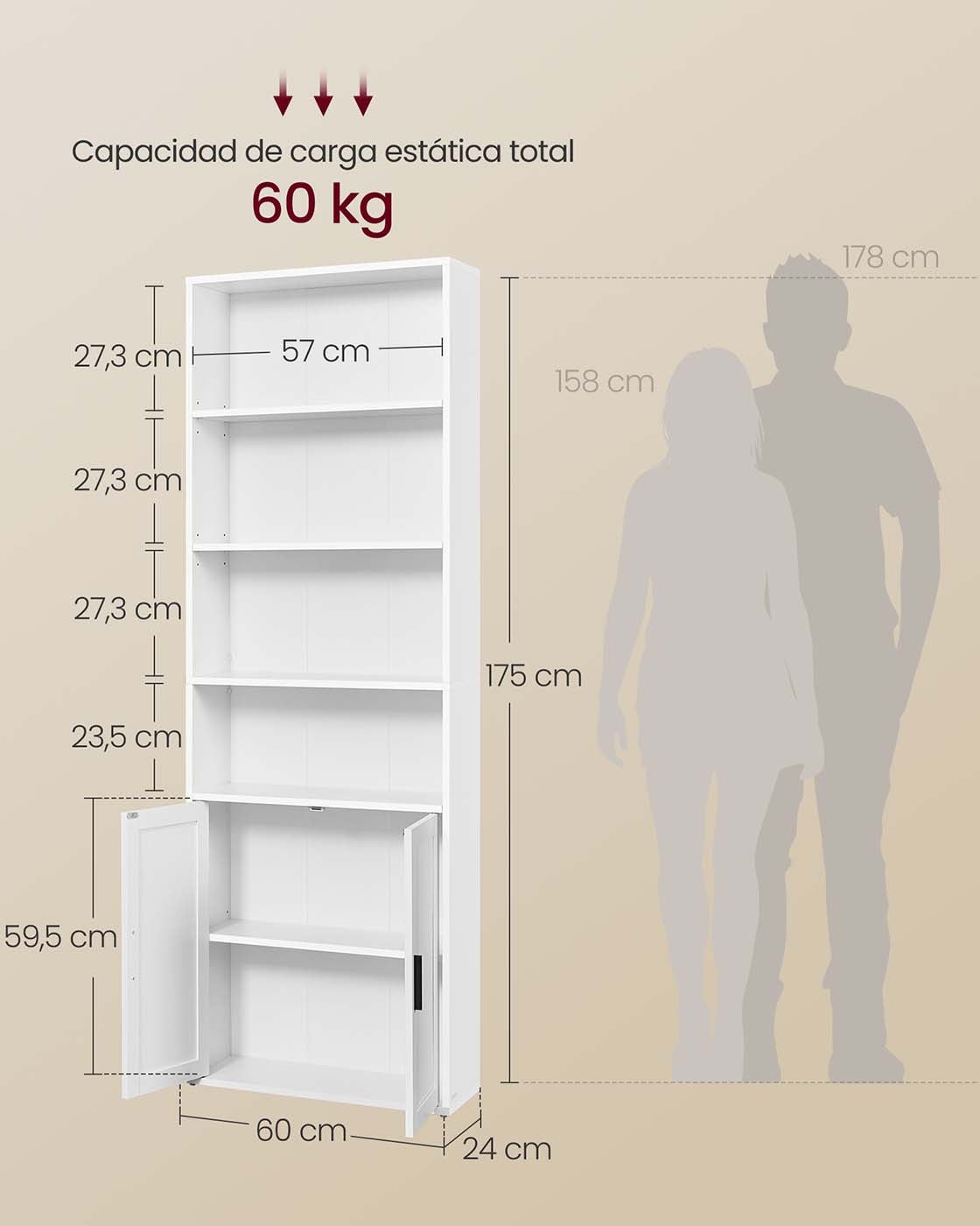 Estantería de 6 niveles, con puertas, 60 cm de ancho, estilo industrial, para salón, blanco - 6