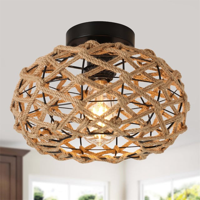 Rattanowa lampa w stylu pasterskim do salonu, sypialni, biura i jadalni z ręcznie plecioną klatką z żarówką E26, żarówka nie jest dołączona do zestawu