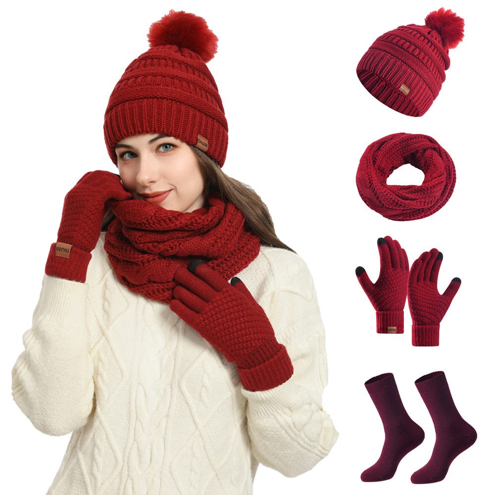 Conjunto De Gorro Y Guantes Thinsulate Para Mujer - Chenilla Suave, Forro Térmico, Talla única, Color Rojo - Incluye Insignia THMO