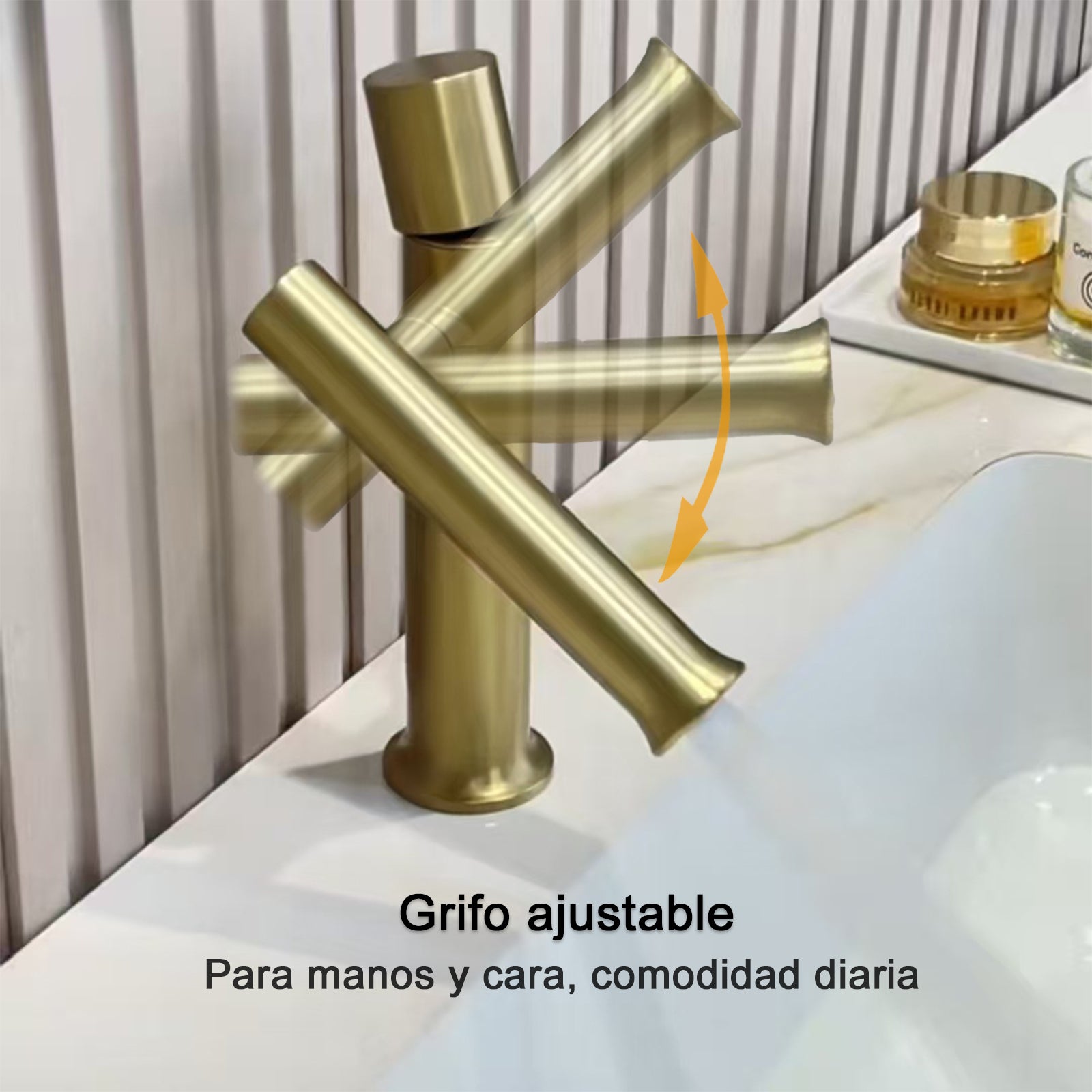 VICTOVA Grifo de lavabo monomando giratorio con altura ajustable de acero inoxidable dorado cepillado - 3