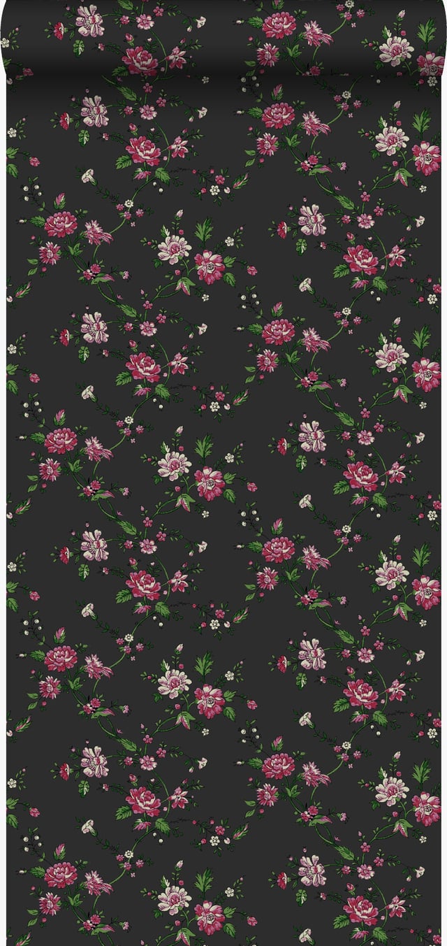 Papier peint fleurs noir et rose - 53 cm x 10.05 m - Origin Wallcoverings