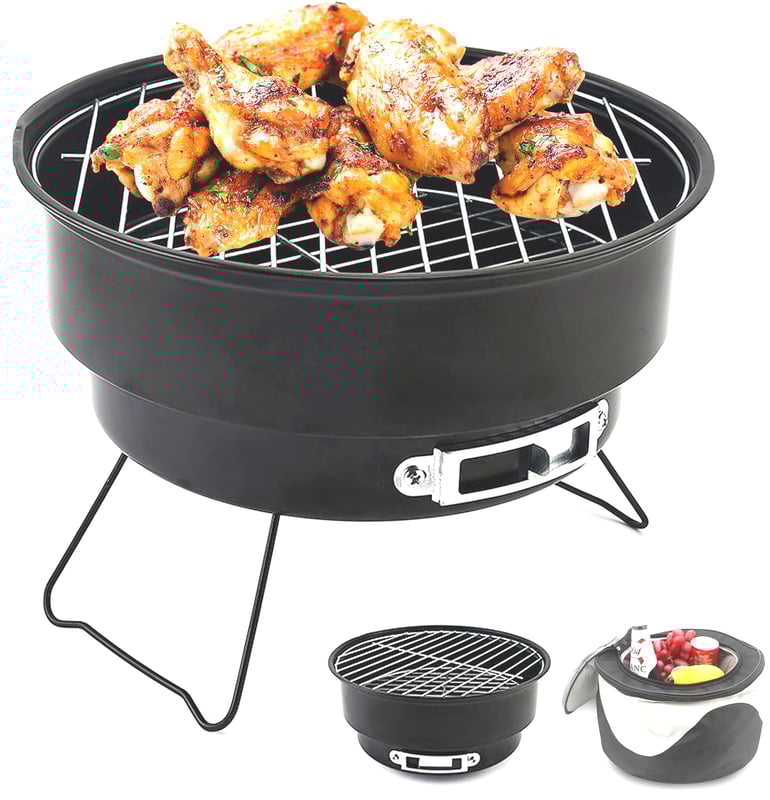 Przenośny i składany mini grill węglowy z izolowaną torbą na kemping, piknik, do ogrodu, na patio, w podróż, 26 x 26 x 18 cm