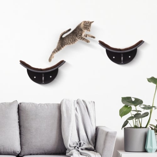 Cama de parede para gatos 41 x 28 x 21 cm, prateleira mural com almofada em pelúcia, espaço elevado para descanso do gato