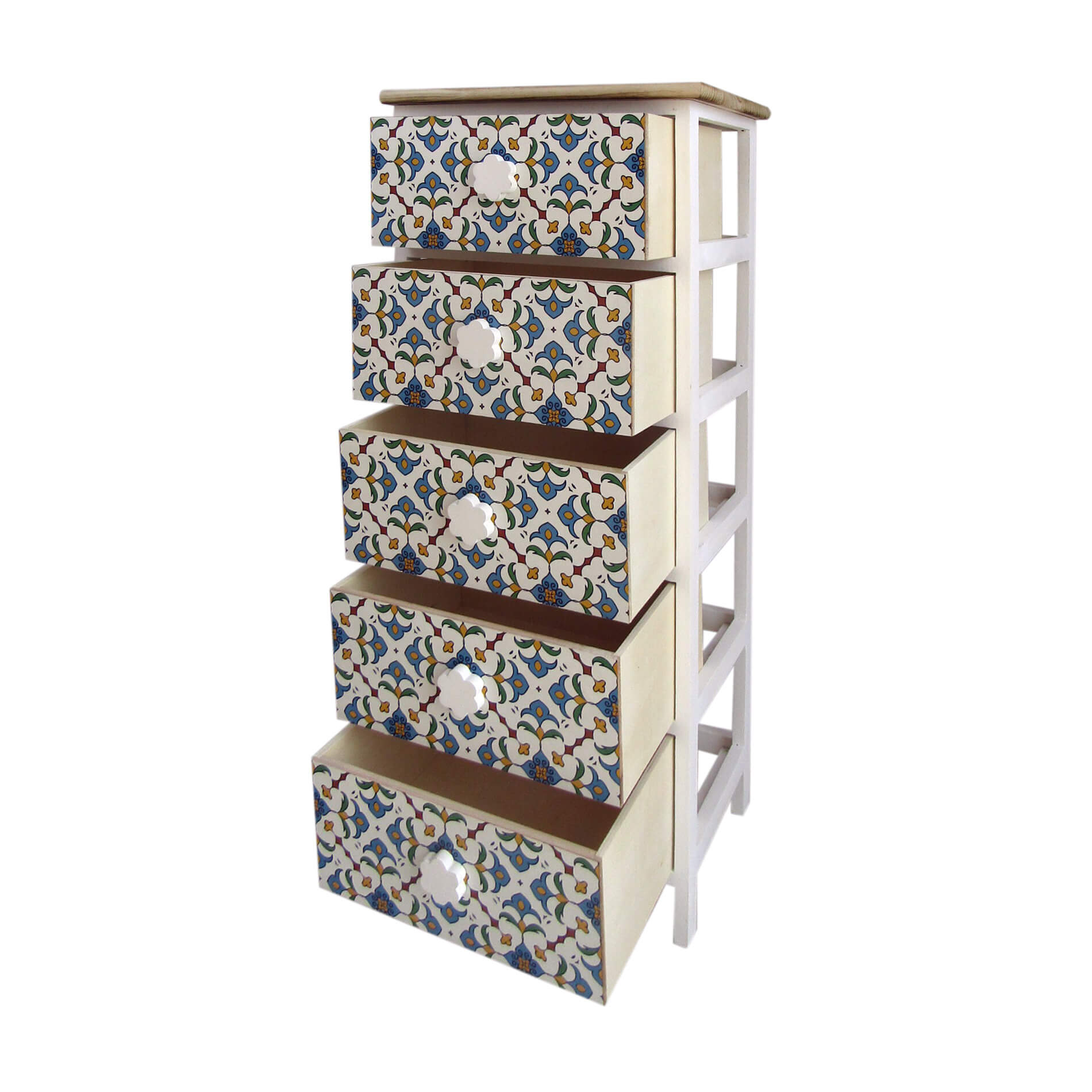 Commode 5 Tiroirs Rebecca Mobili Moderne Bois Clair Blanc Bleu 93x40x30 - 5