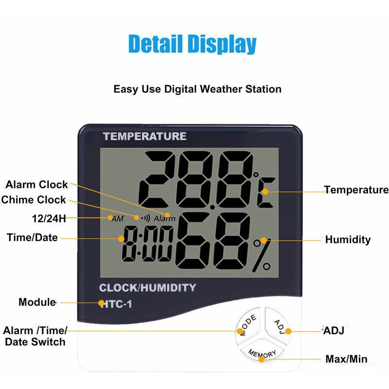 Thermomètre Hygromètre Numérique avec Sonde Extérieure - Grand Écran LCD - Commutateur ℃/℉ - Maison/Bureau/Chambre - 5
