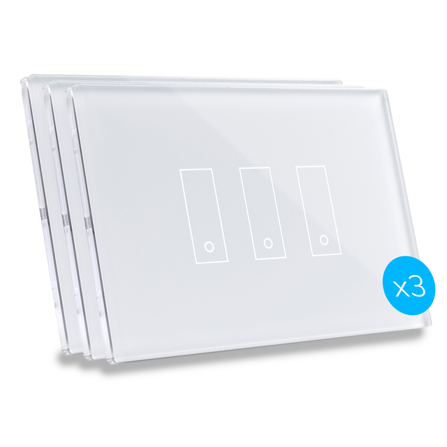 Kit di 3 Interruttori di design connessi via Wi-Fi iotty i3 PLUS per luci e cancelli con placca touch retroilluminata in vetro temperato, bianchi