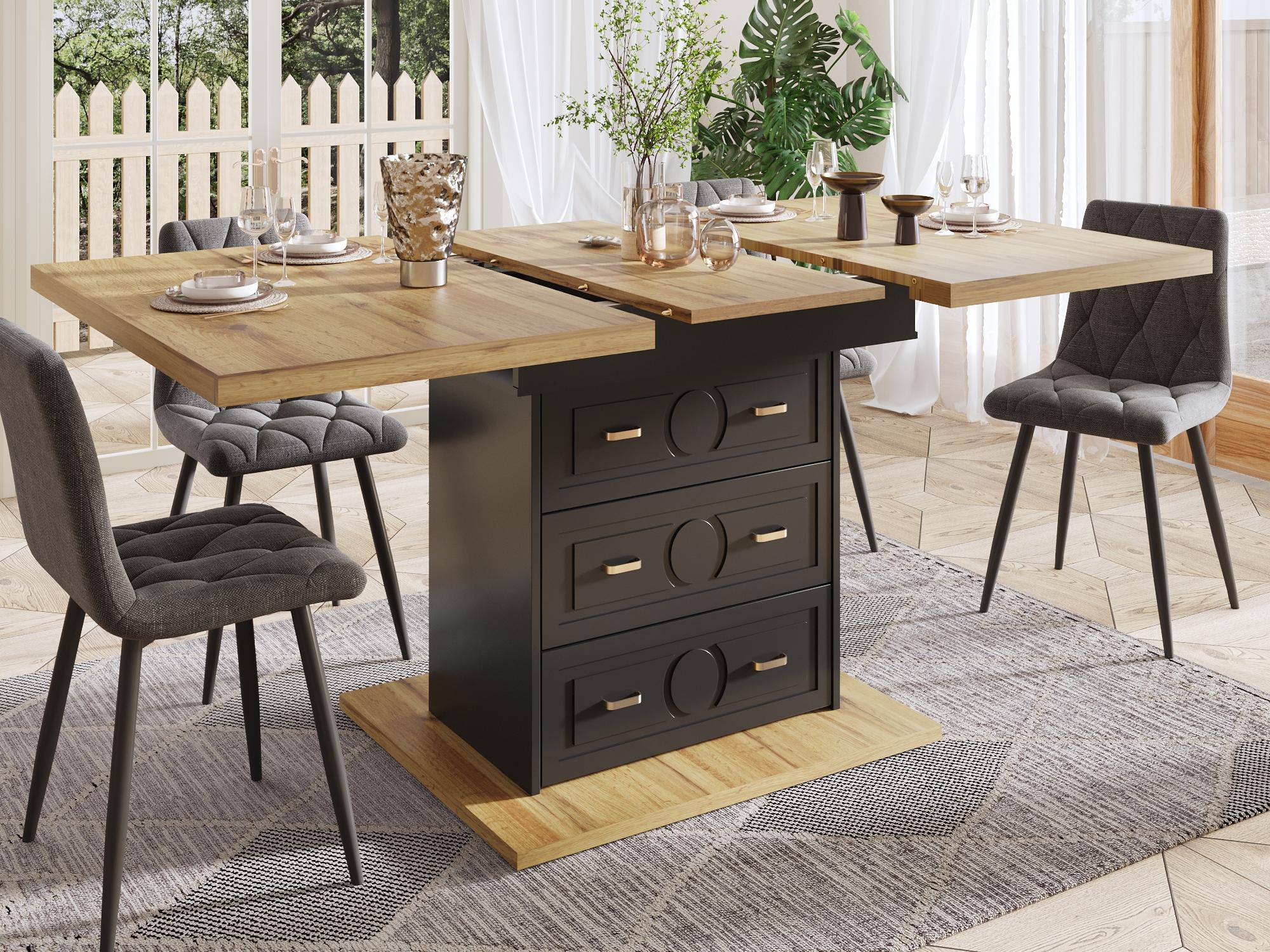 Rozkładany stół jadalny 110/140x80x75 cm - 6 miejsc - 1 drzwi - 2 szuflady - MDF + metal - czarny