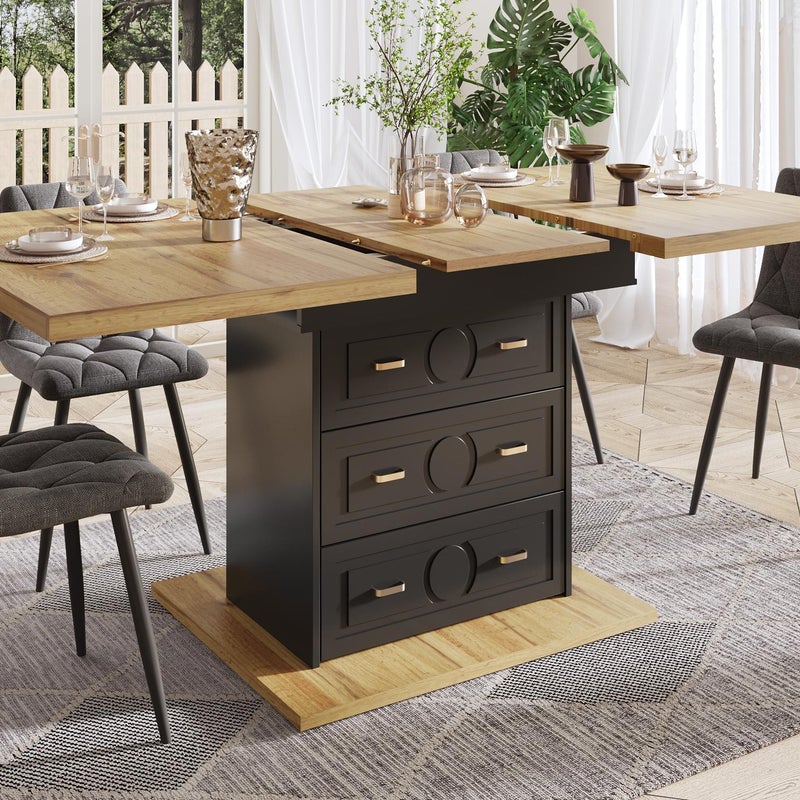 Rozkładany stół jadalny 110/140x80x75 cm - 6 miejsc - 1 drzwi - 2 szuflady - MDF + metal - czarny