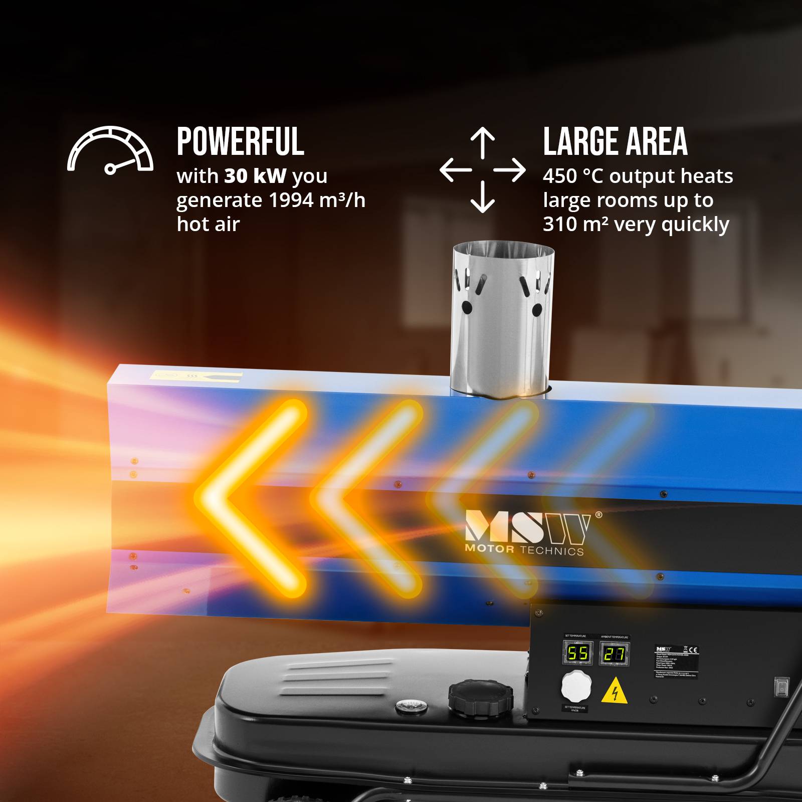 Canon à air chaud - MSW - Puissance de chauffage&nbsp;: 30000&nbsp;W - Capacité du réservoir&nbsp;: 38 l - 9