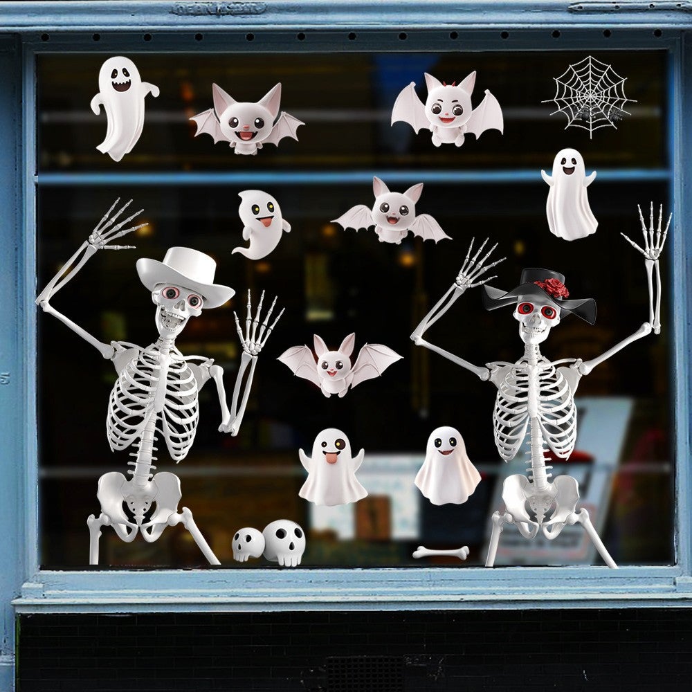 Dekoracje 3D na Halloween - 6 arkuszy Naklejki na okna Szkielety Nietoperze Duchy, Szkło Dekoracyjne Dom Impreza Sklep Wnętrze