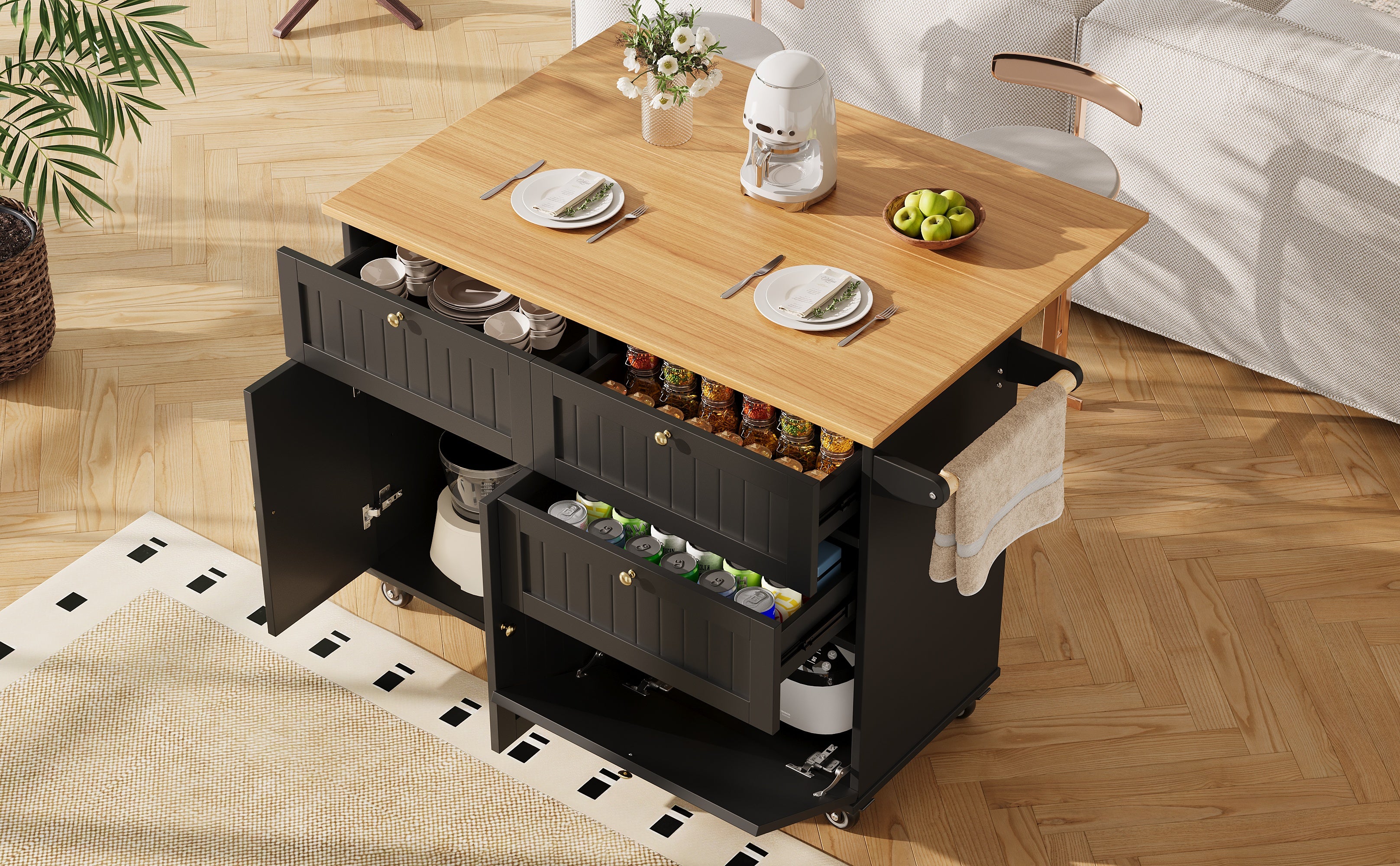 Ilot central de cuisine mobile avec 2 portes, 3 tiroirs et porte-serviette - Plateau extensible - 120.8x37.3/70x88cm - MDF - Noir + naturel - 6