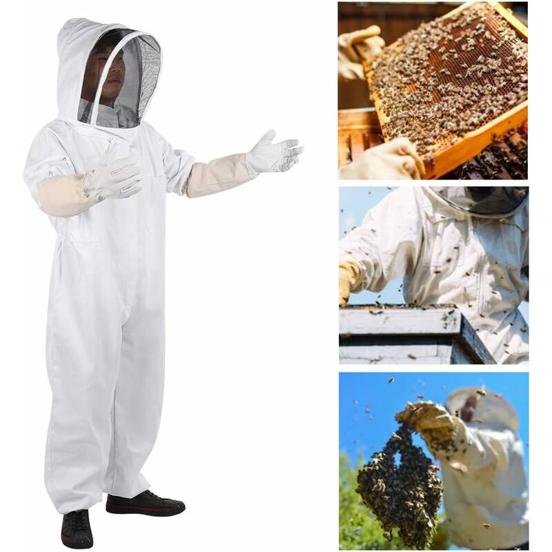 Apicole Costume Équipement de Protection Professionnel Anti Abeille avec Longs Gants et Capuchon en Voile pour Apiculture Apiculteur - Blanc (L) - 3