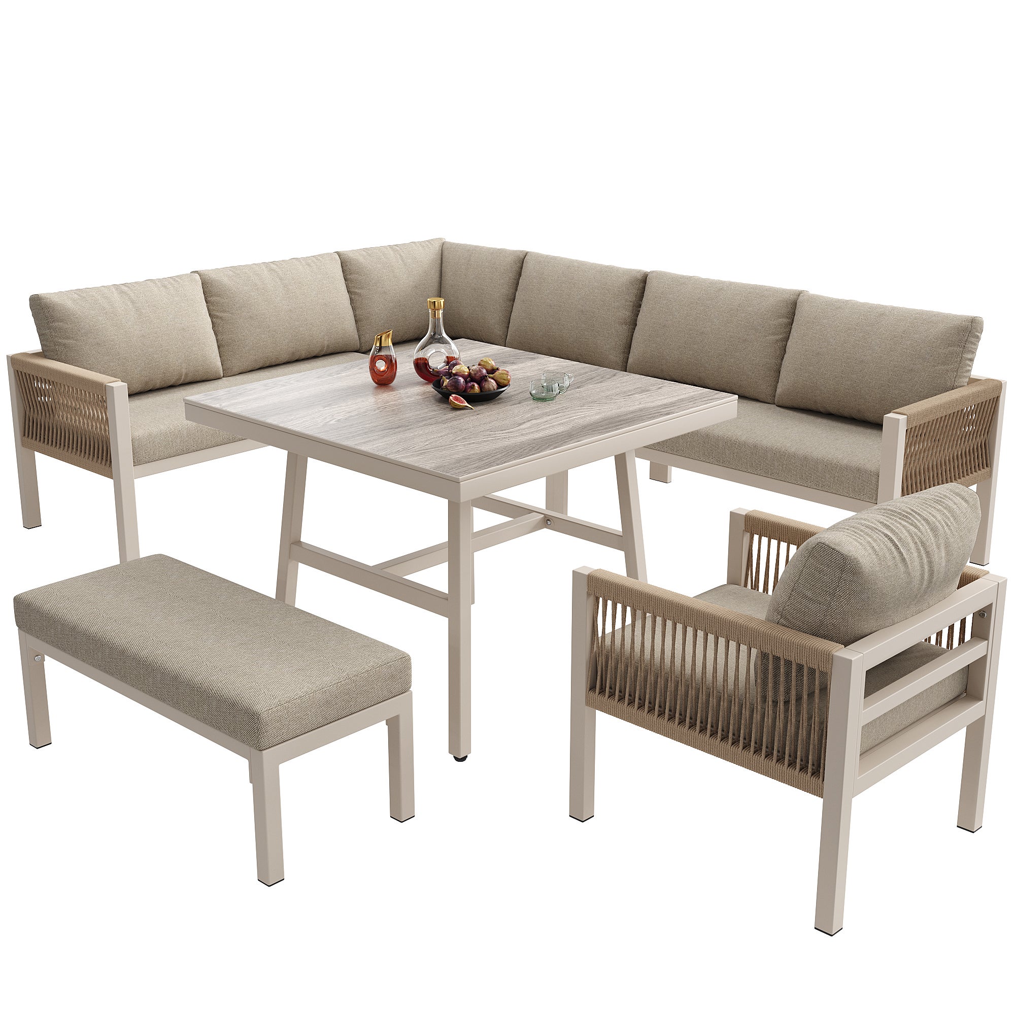 Canapé de jardin en forme de L, jusqu'à 8 personnes, armature en fer avec revêtement, résistant aux intempéries, beige - 5