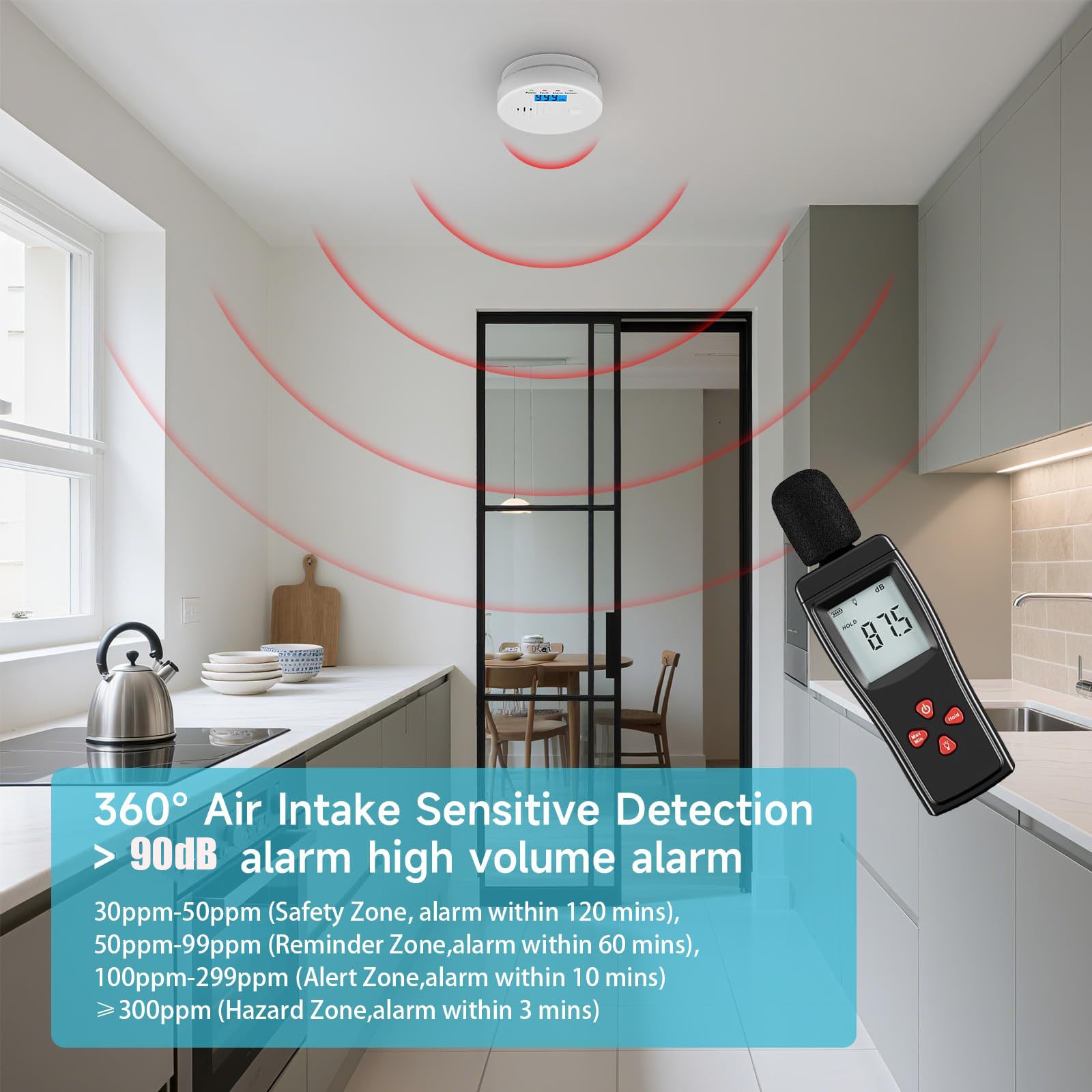Detector de monóxido de carbono con pantalla LCD digital, alarma sonora y visual, funciona con pilas. - 6