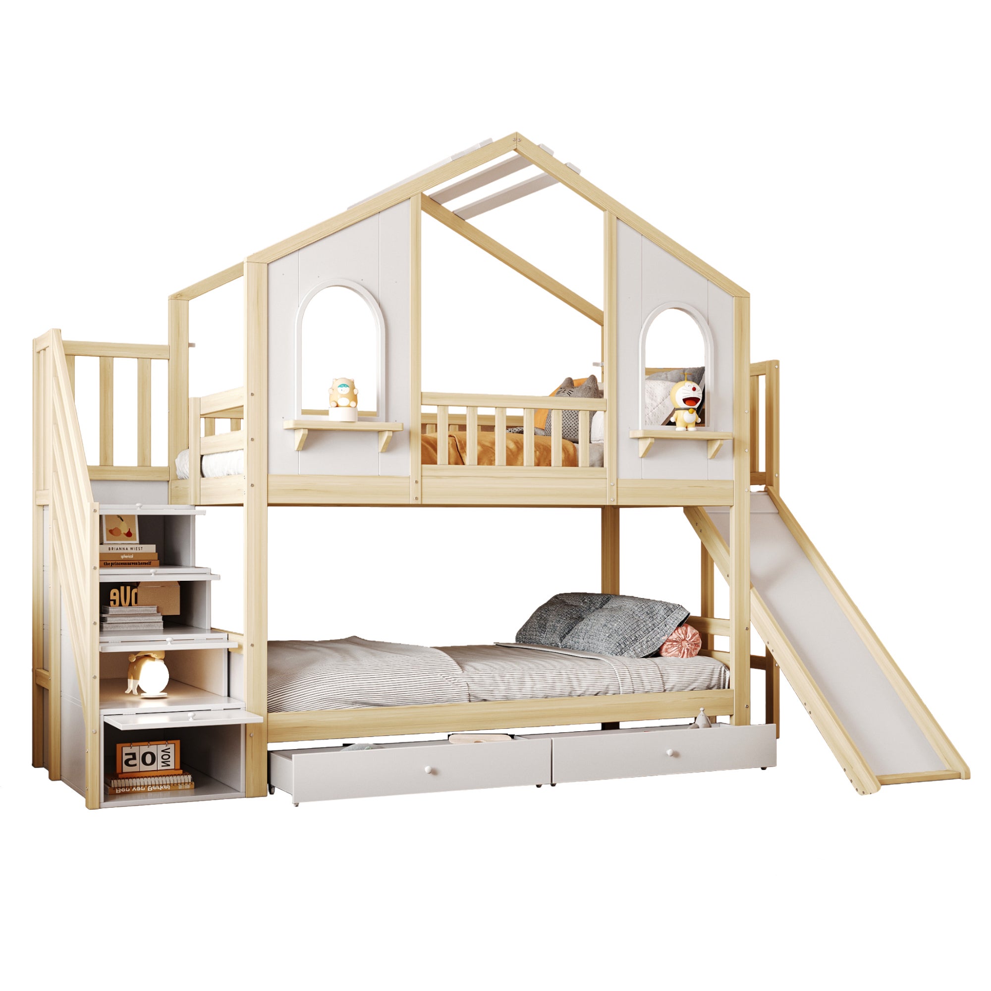 Łóżka piętrowe 2 x 90 x 200 cm ze zjeżdżalnią, 2 szufladami i 3 drzwiami - Sosna + sklejka + MDF - Naturalny + biały (Materace nie są wliczone w cenę) - 8